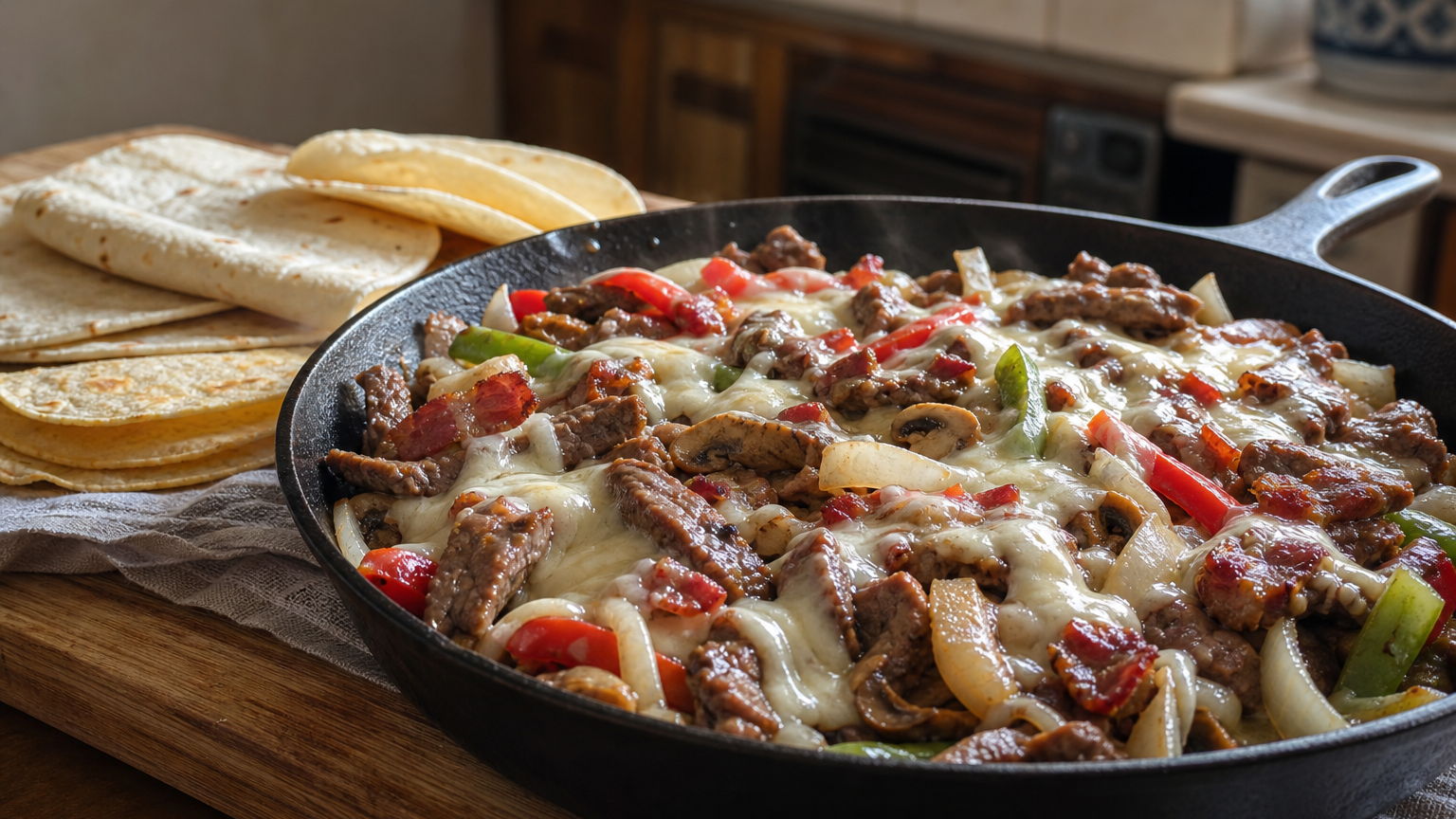 Alambre de res mexicano con carne dorada, tocino, pimientos, champiñones y queso fundido servido en tortillas calientes