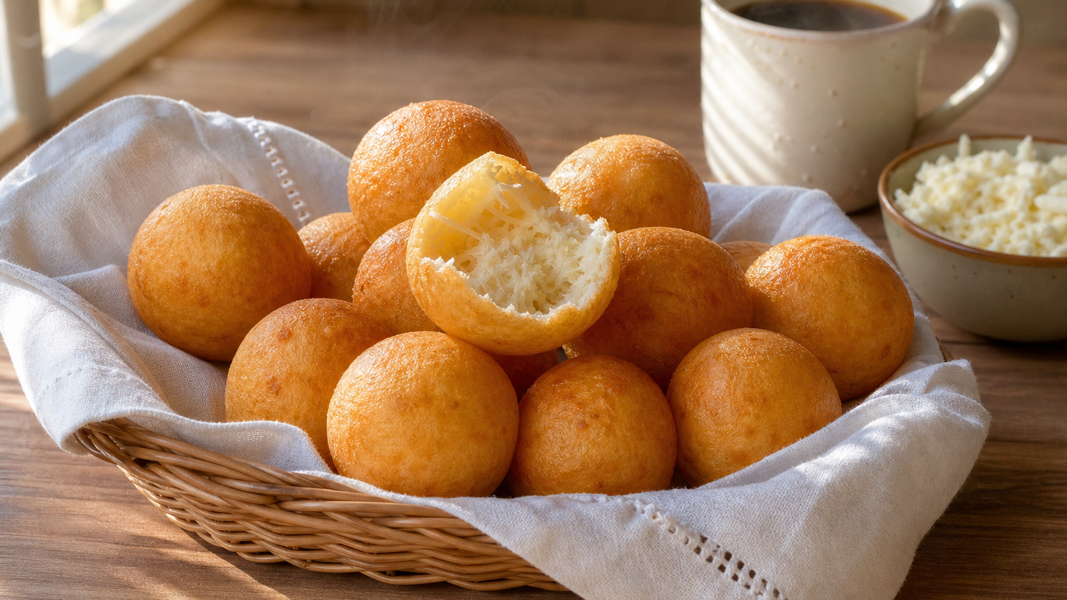 Buñuelos colombianos dorados, inflados y servidos calientes, con textura suave y ligeramente elástica por dentro