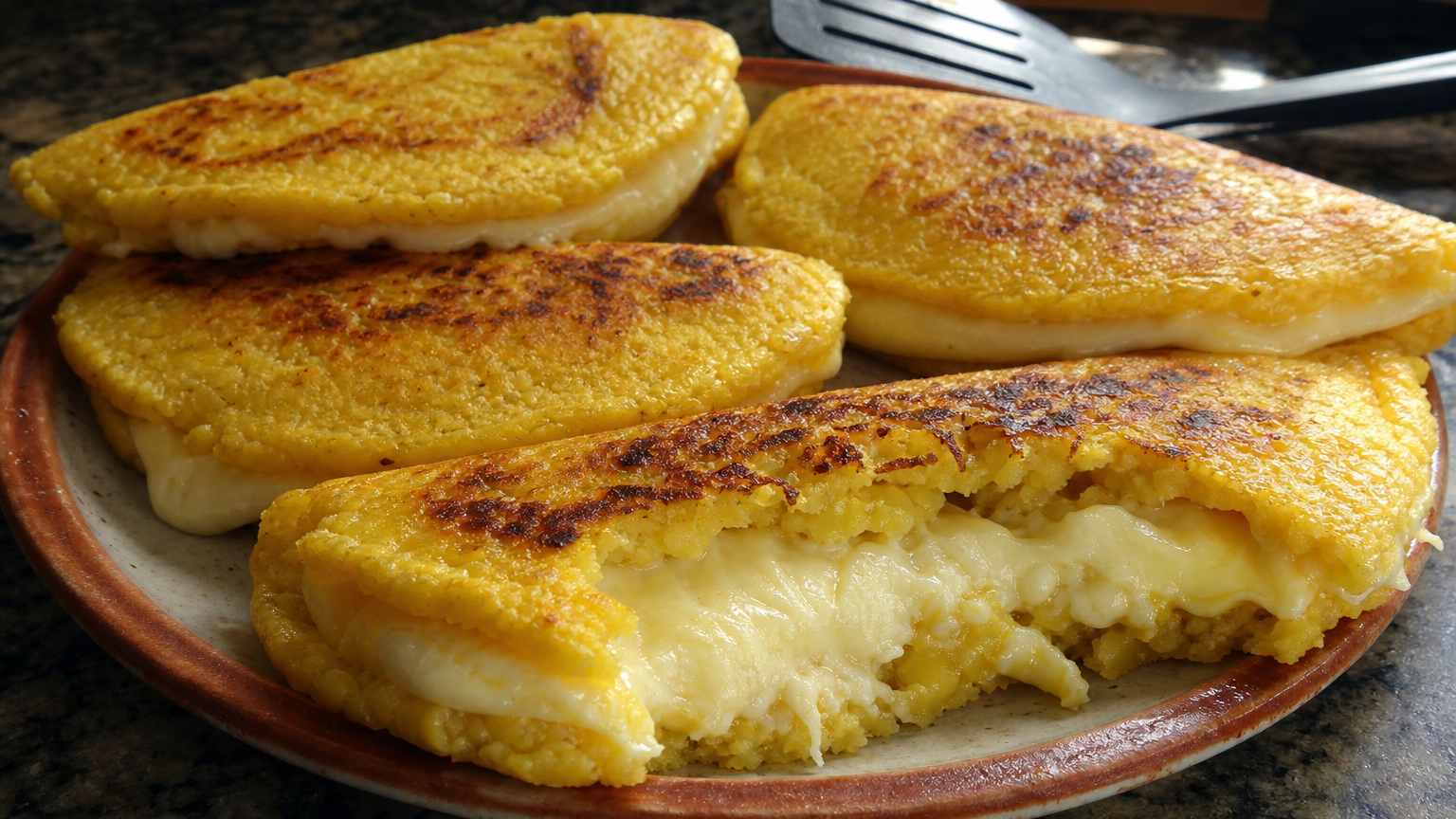 Cachapas venezolanas doradas, rellenas de queso caliente y servidas recién hechas