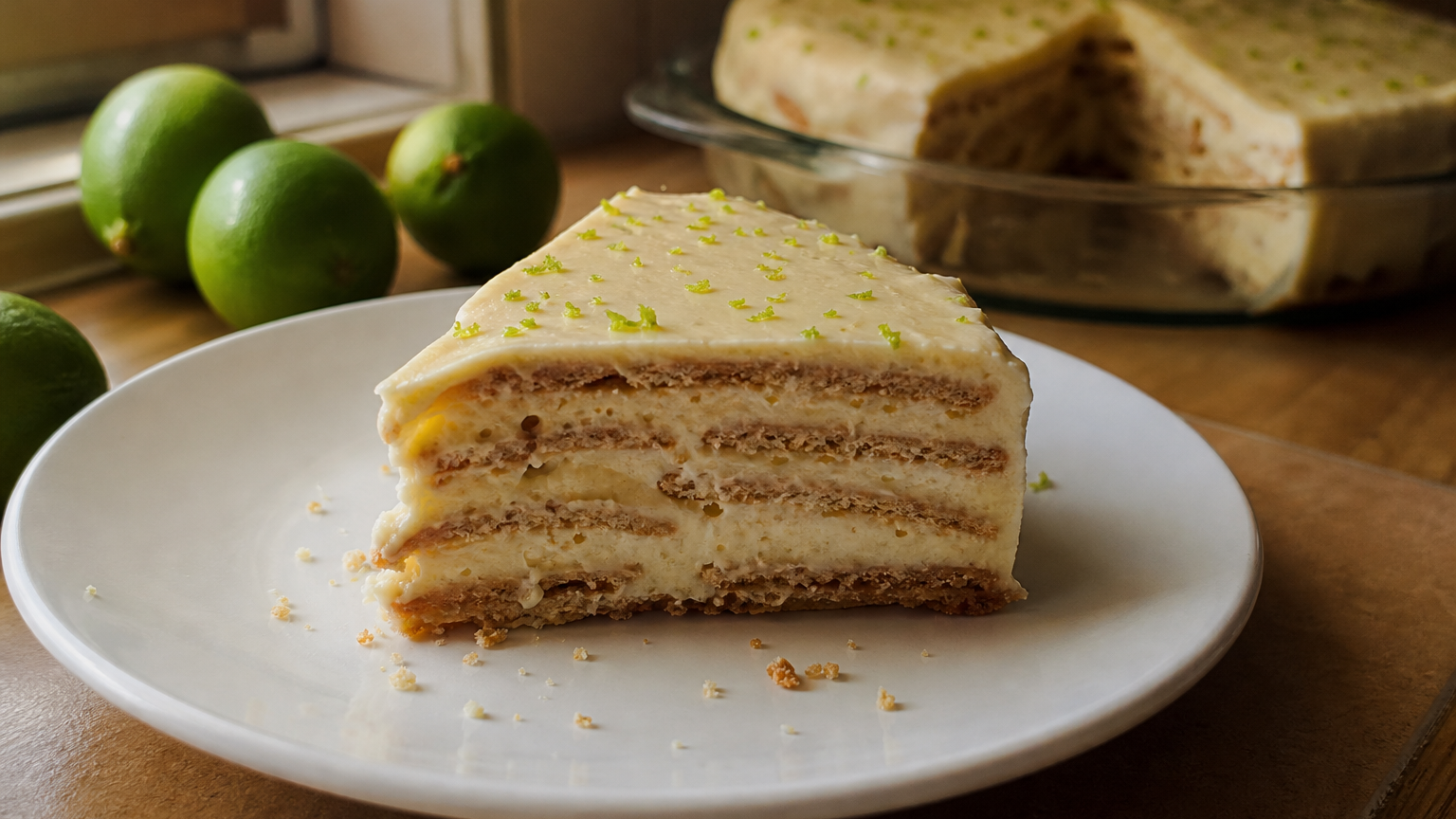 Carlota de Limón Mexicana en capas de galletas María y crema cítrica, decorada con migas de galleta y ralladura de limón