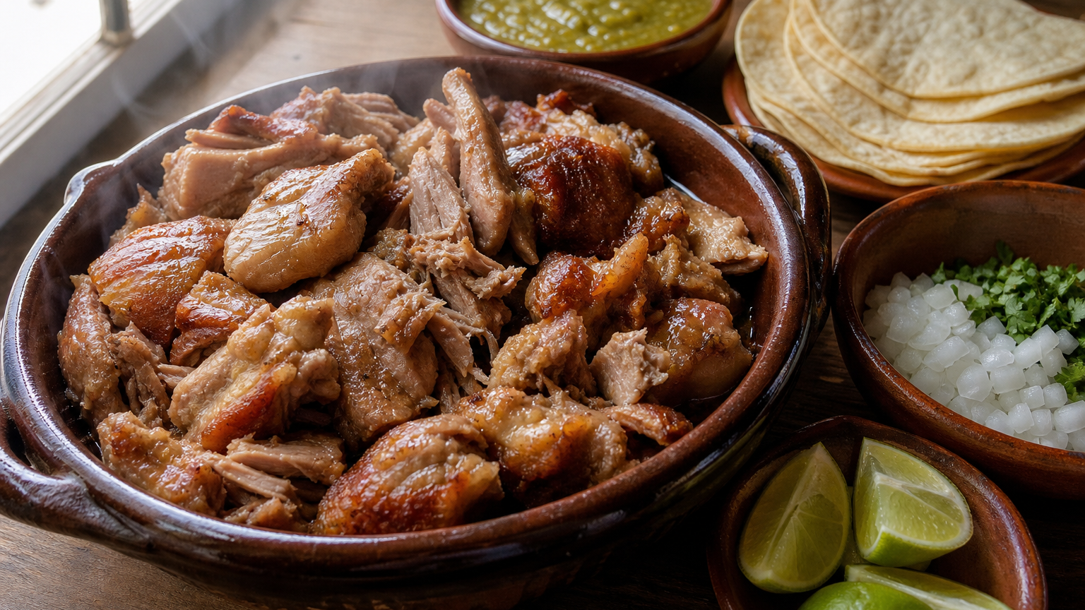 Tacos de carnitas mexicanas doradas con cebolla, cilantro, limón y salsa