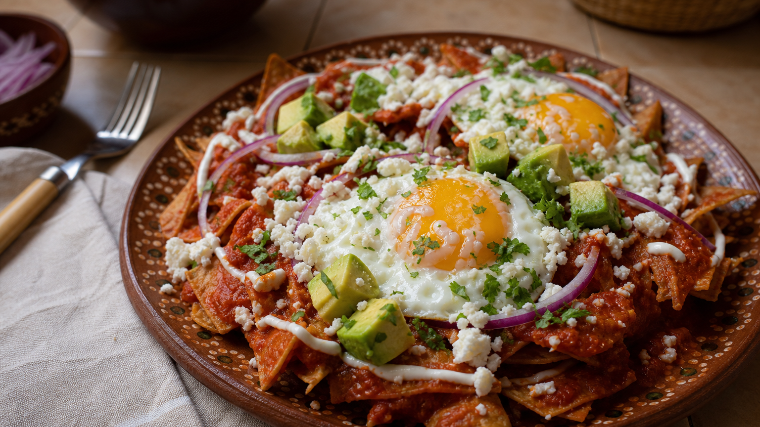 Chilaquiles rojos mexicanos con totopos dorados, huevo, crema, queso fresco, cebolla, cilantro y aguacate