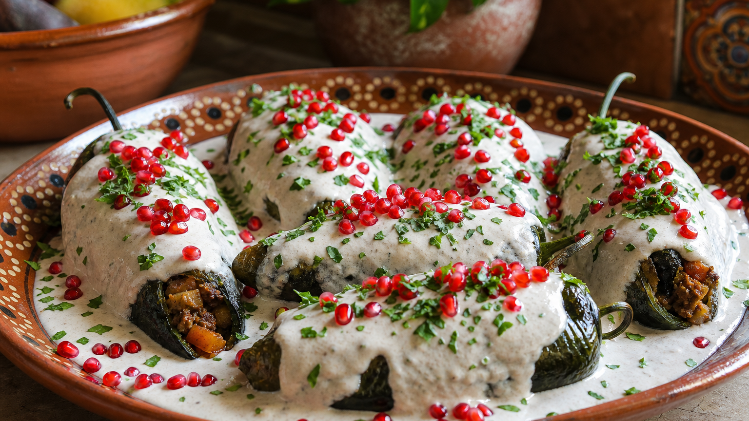 Chiles en nogada mexicanos rellenos de picadillo, cubiertos con nogada y decorados con granada y perejil