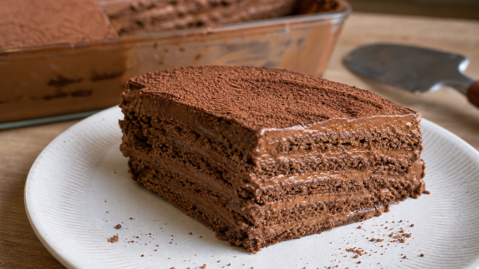 Porción de chocotorta argentina sin horno con capas de galletas de chocolate, crema de dulce de leche, queso crema y cacao
