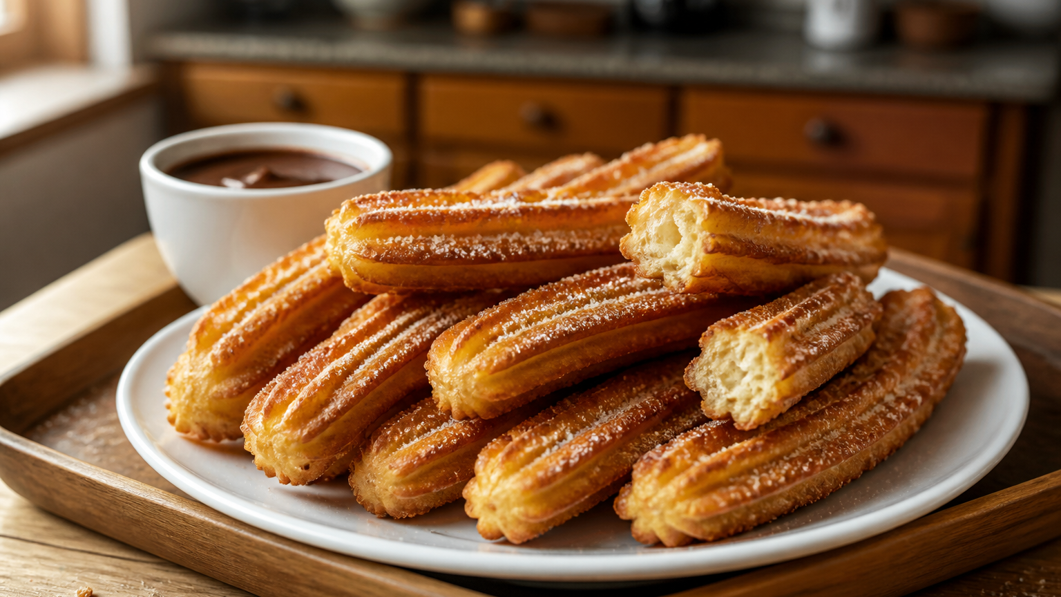 Churros españoles caseros dorados y crujientes, espolvoreados con azúcar y servidos con chocolate caliente