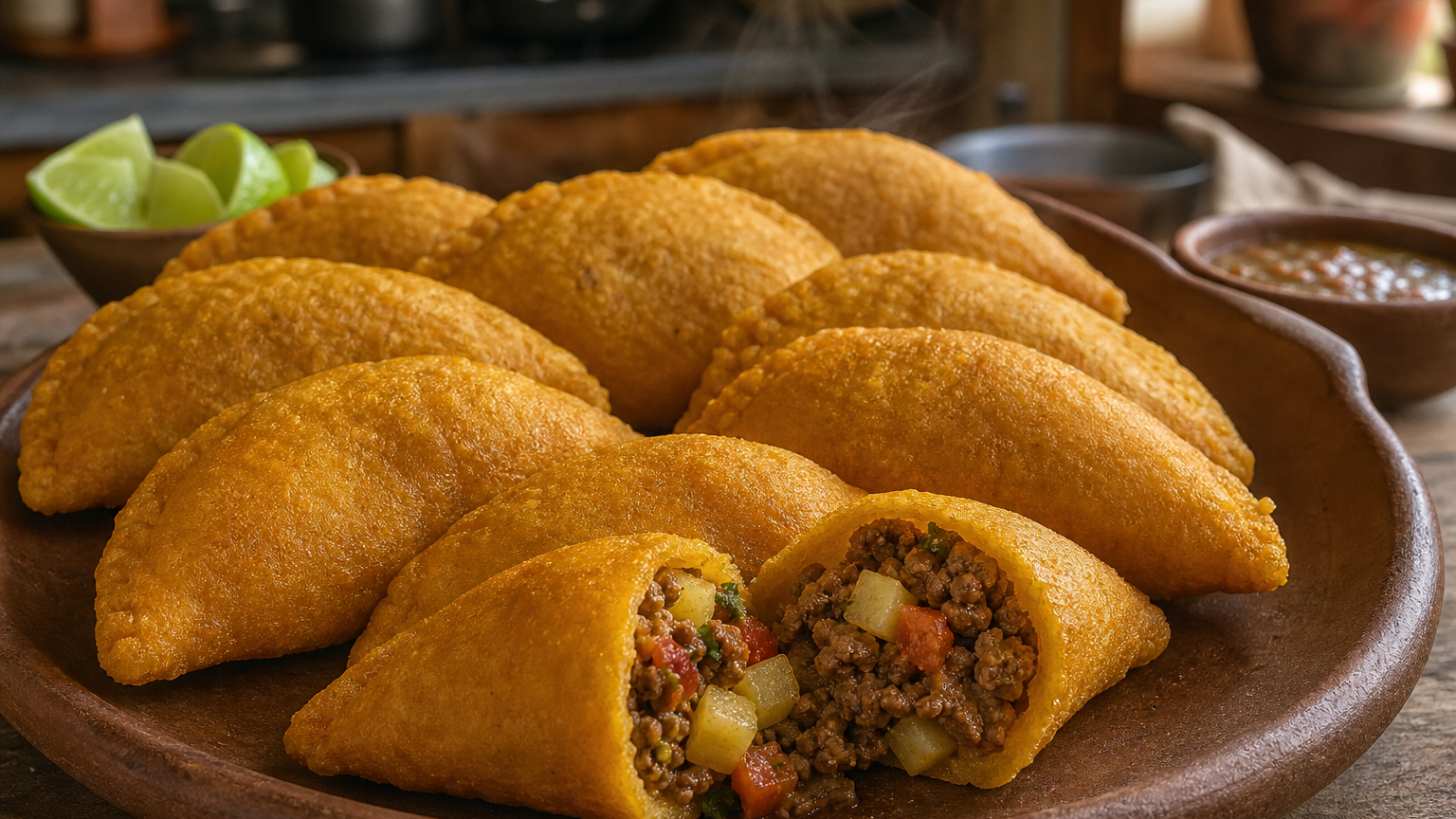 Empanadas colombianas de maíz amarillo rellenas de carne y papa, doradas y crujientes