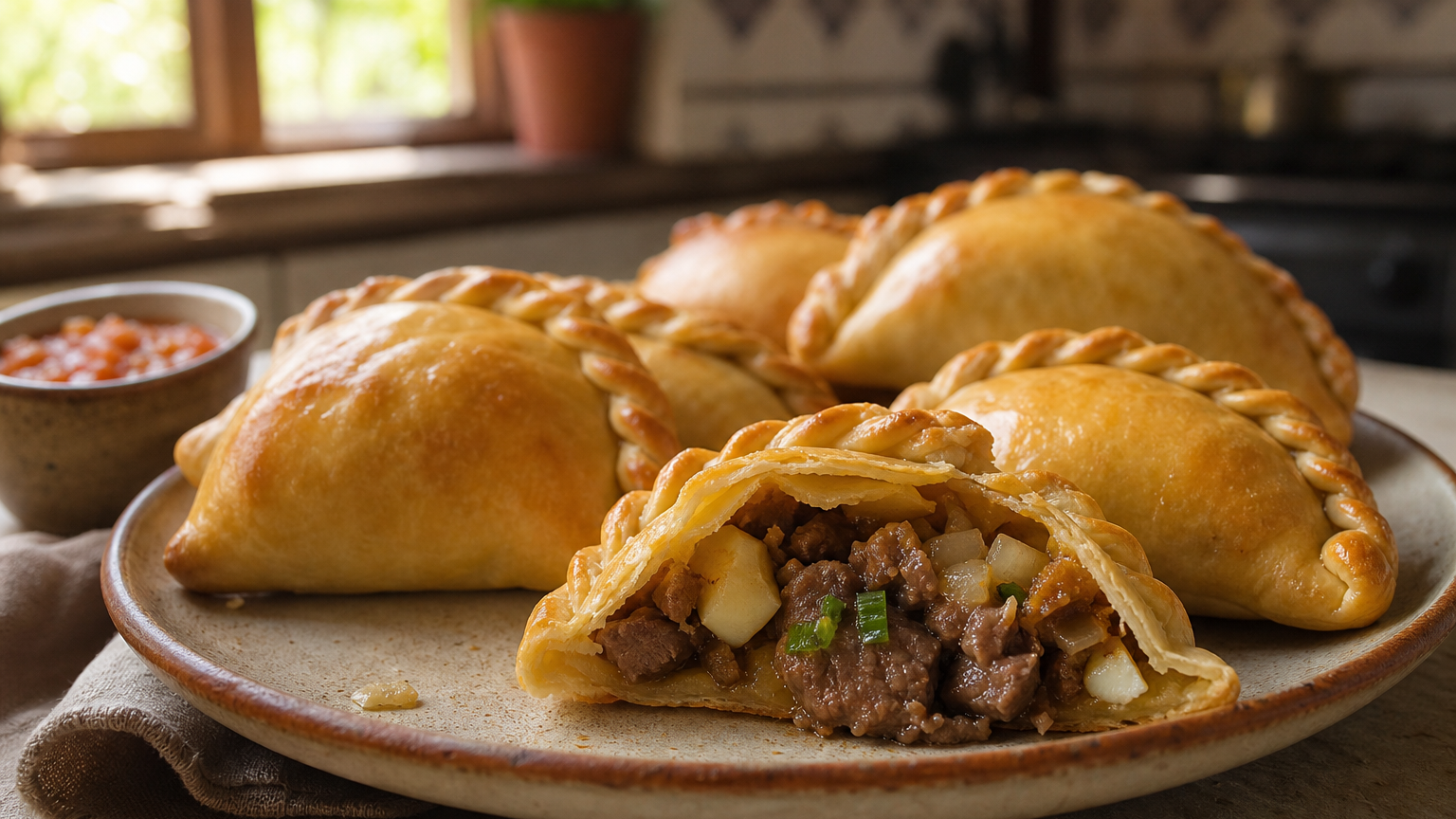 Empanadas salteñas argentinas doradas, rellenas de carne, papa, cebolla y huevo duro