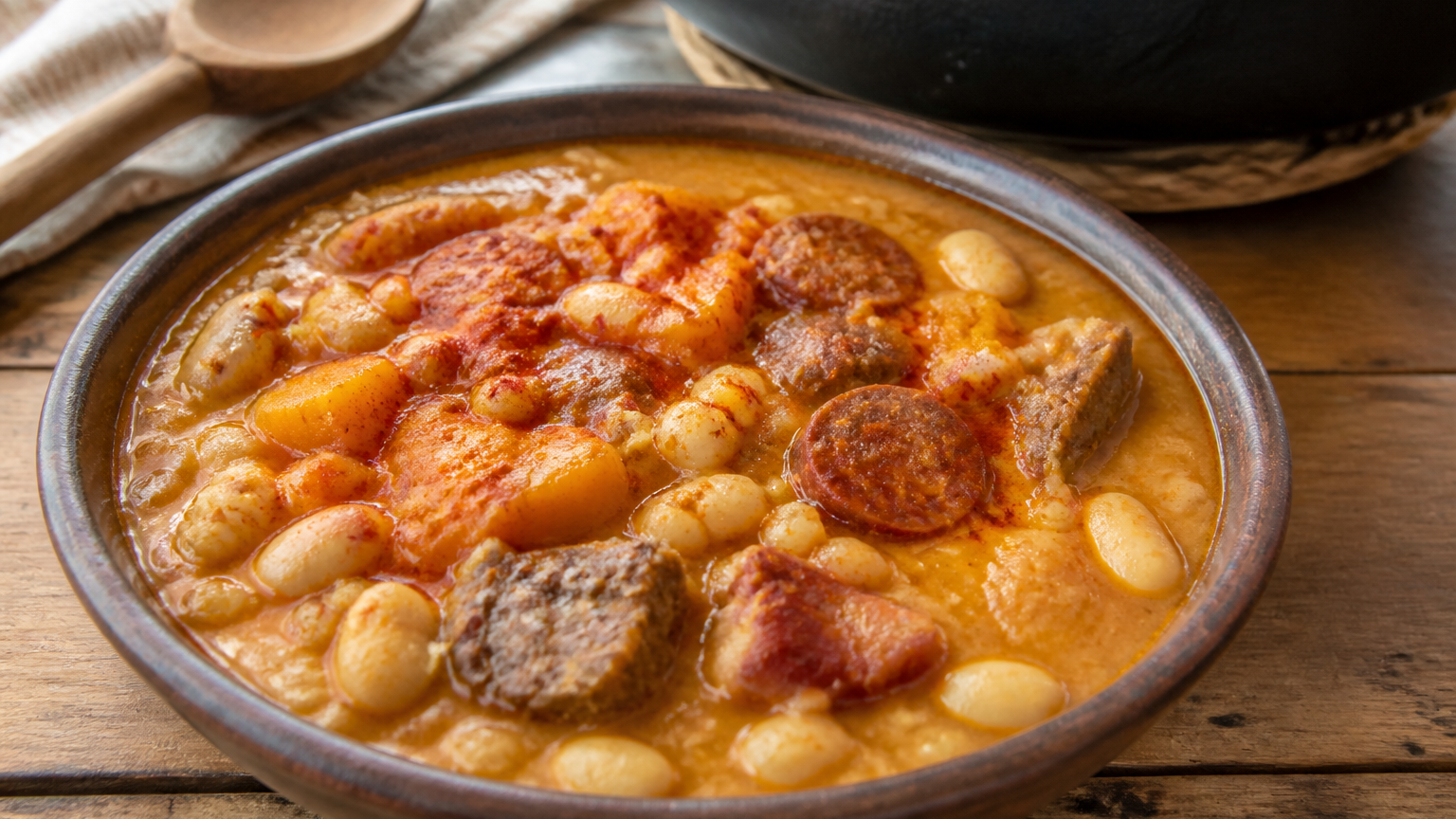 Locro argentino tradicional servido caliente con maíz blanco, porotos, carnes, zapallo y salsa colorada