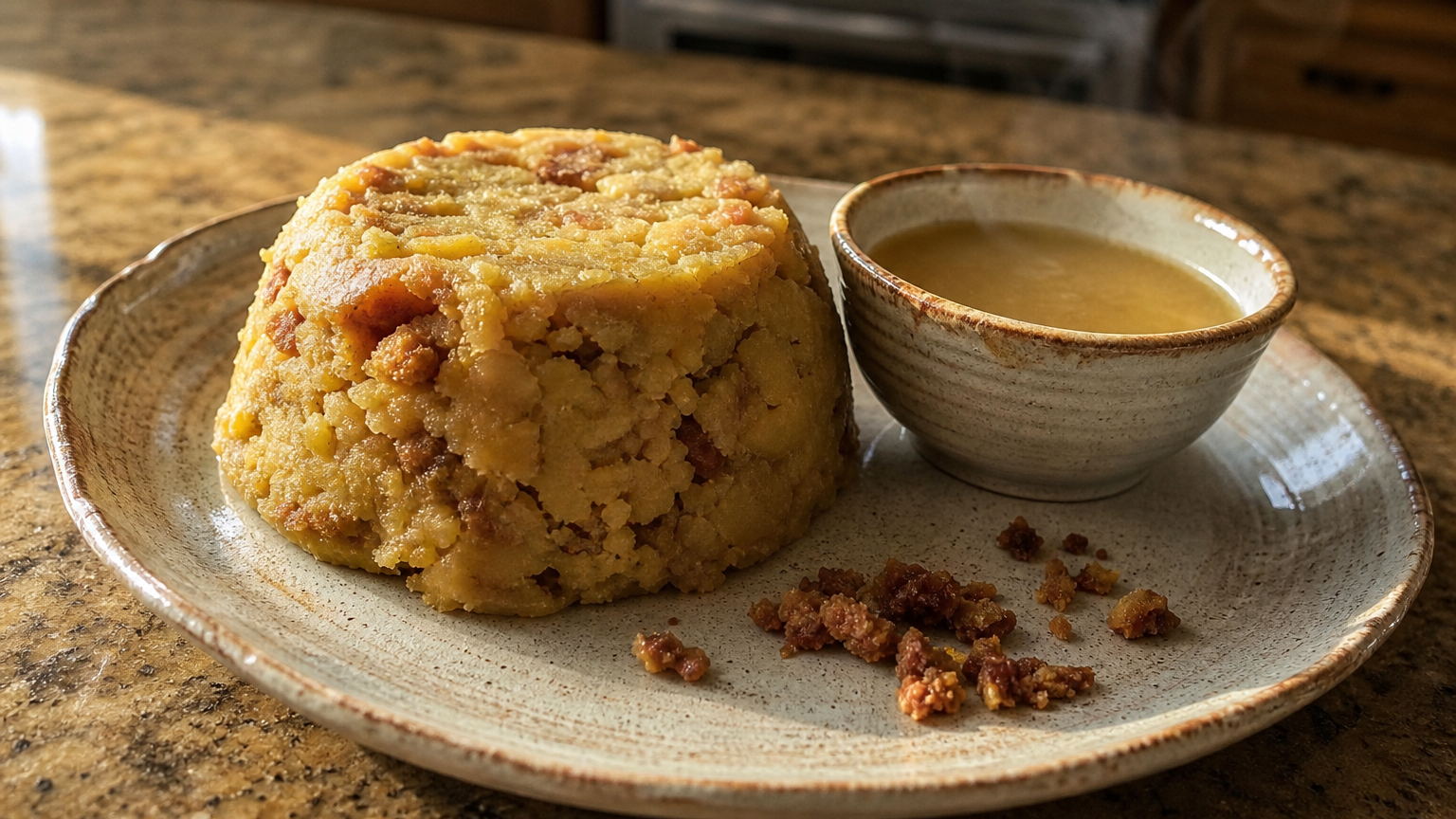 Mofongo puertorriqueño servido caliente con plátano verde, ajo, chicharrón crujiente y caldo de pollo