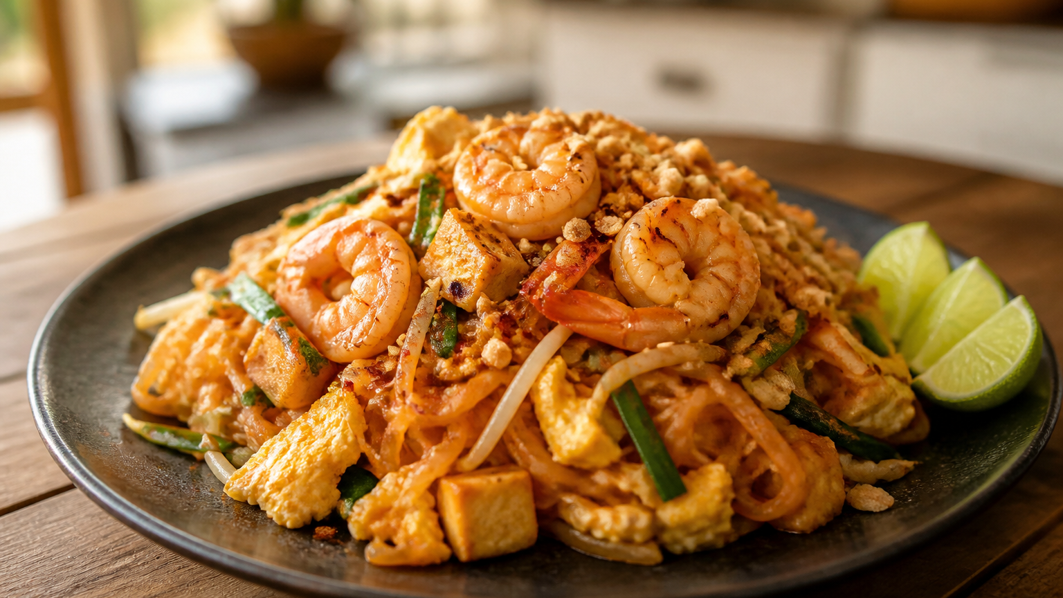Pad Thai tailandés con camarones, tofu dorado, huevo, brotes de soja, cacahuates y lima