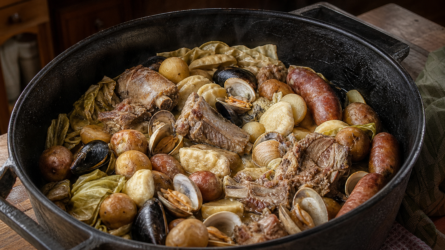 Curanto chilote servido en olla con almejas, choritos, cerdo, longanizas, papas, chapaleles y milcaos