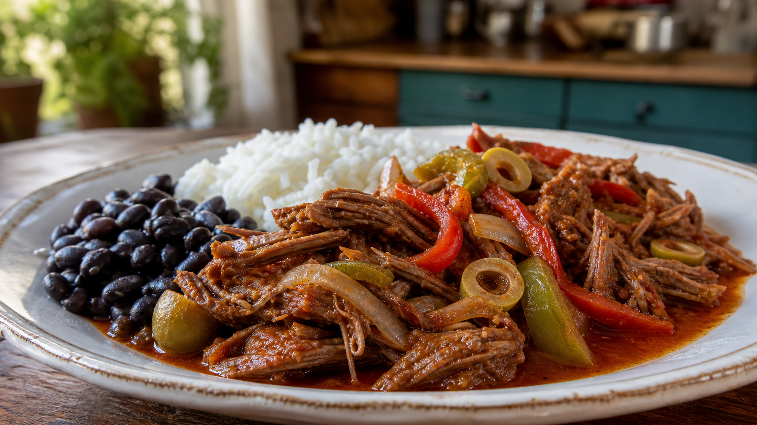 Ropa vieja cubana de falda de res deshebrada en salsa de tomate, pimientos y aceitunas, servida con arroz blanco