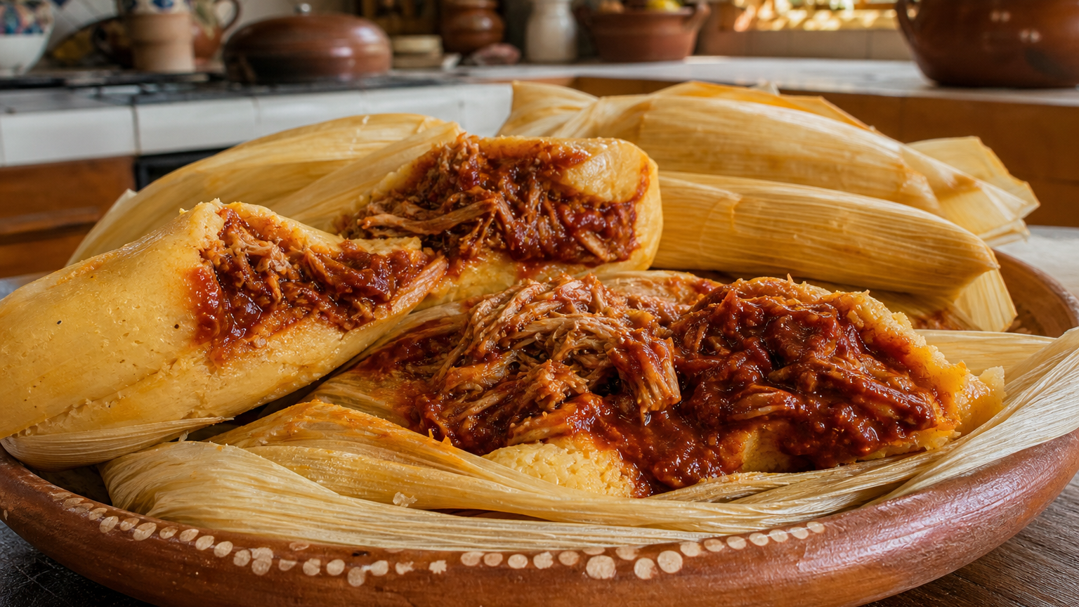 Tamales rojos mexicanos de cerdo con salsa de chile guajillo y ancho, servidos en hojas de maíz