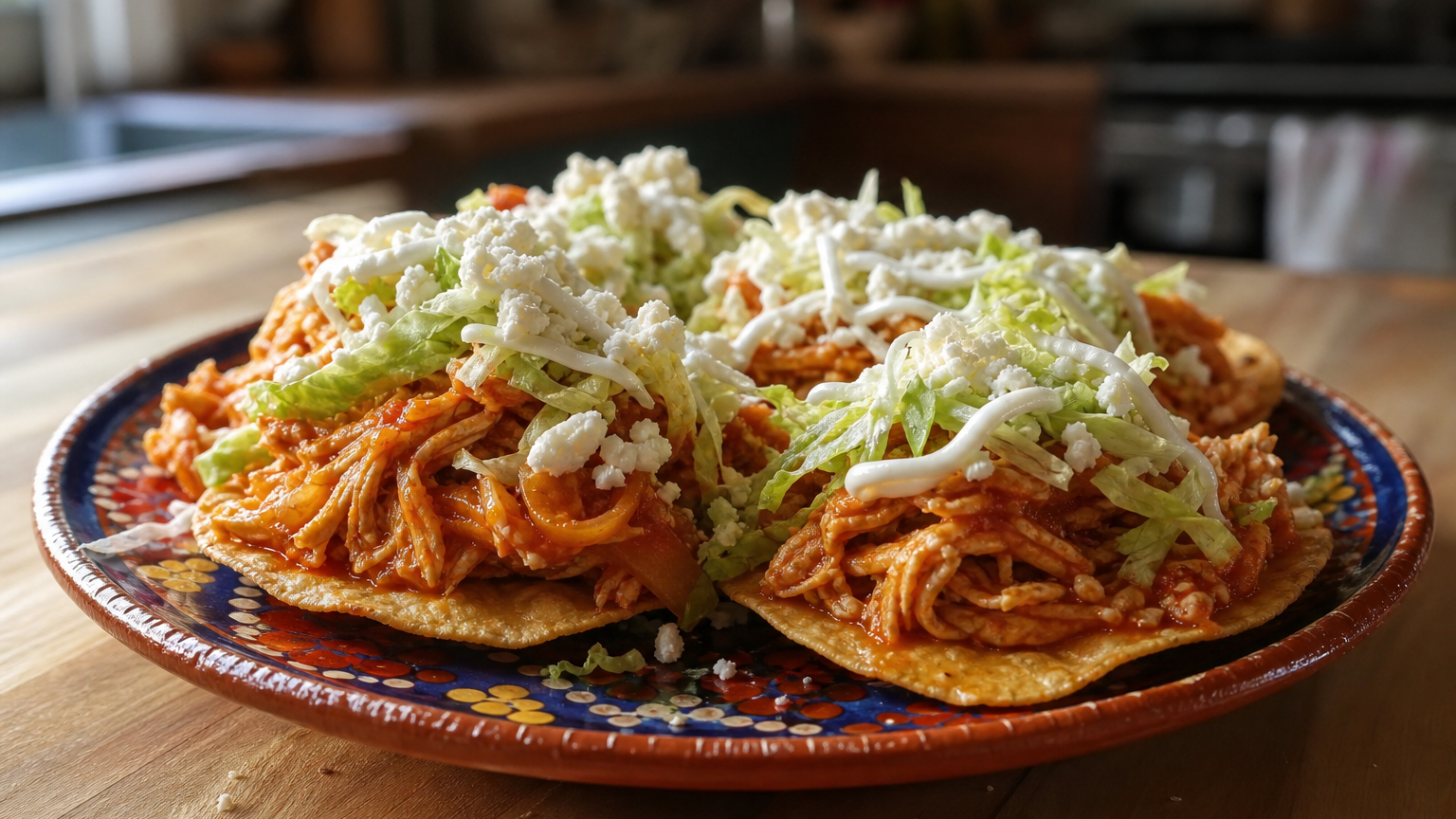 Tostadas mexicanas de tinga de pollo con salsa de jitomate y chipotle, lechuga, crema y queso fresco