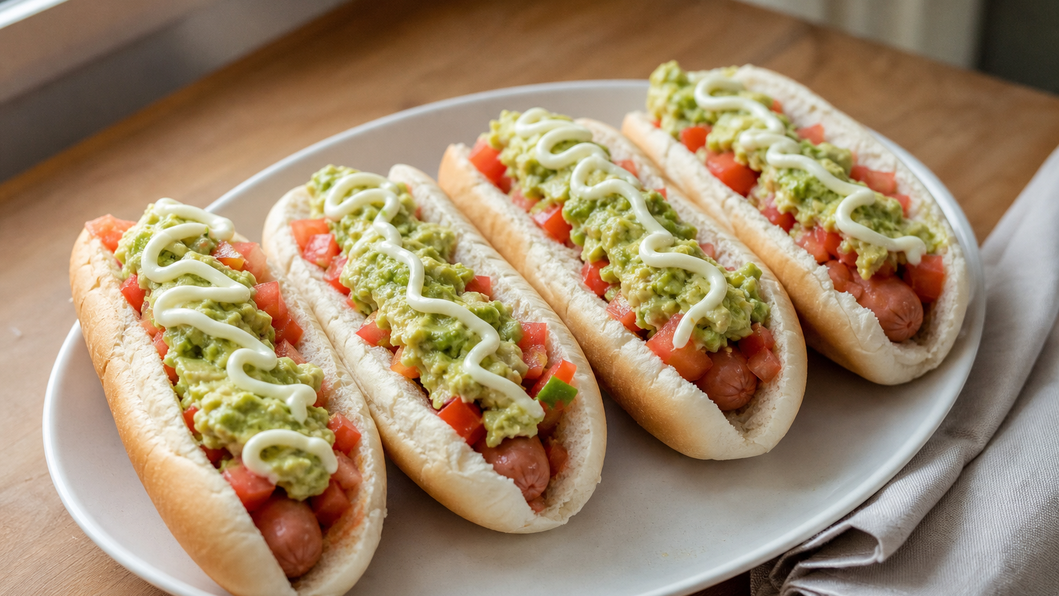 Completo italiano chileno con vienesa caliente, tomate fresco, palta cremosa y mayonesa en pan blando