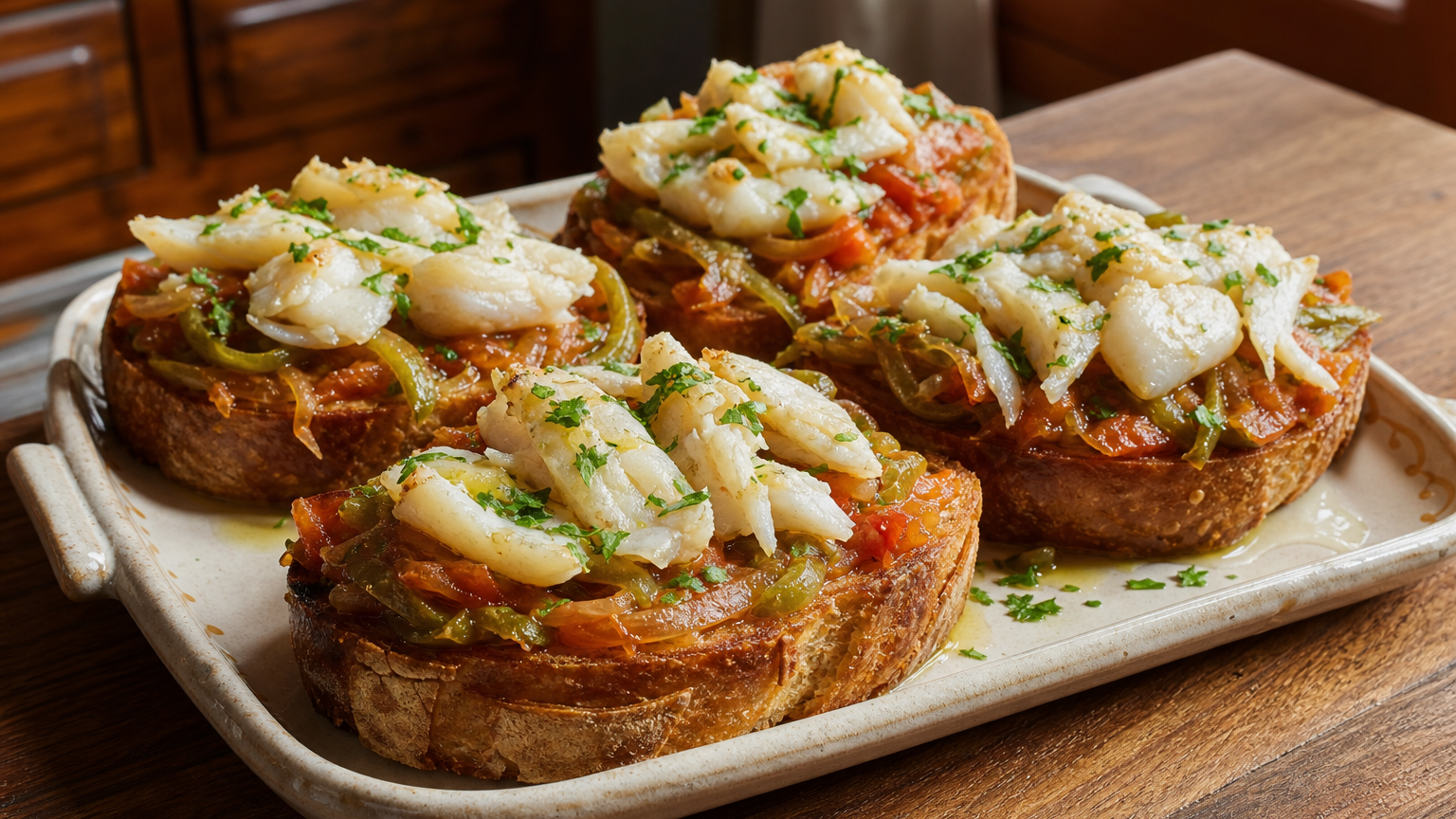 Torricado portugués de bacalao sobre pan rústico tostado con ajo, aceite de oliva y sofrito de cebolla, tomate y pimiento