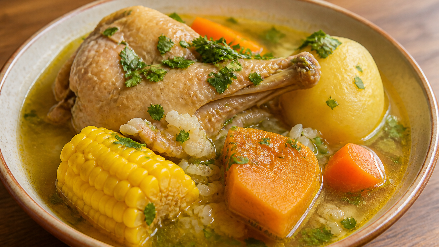 Cazuela de pollo chilena servida caliente con papas, zapallo camote, choclo, zanahoria, arroz y cilantro