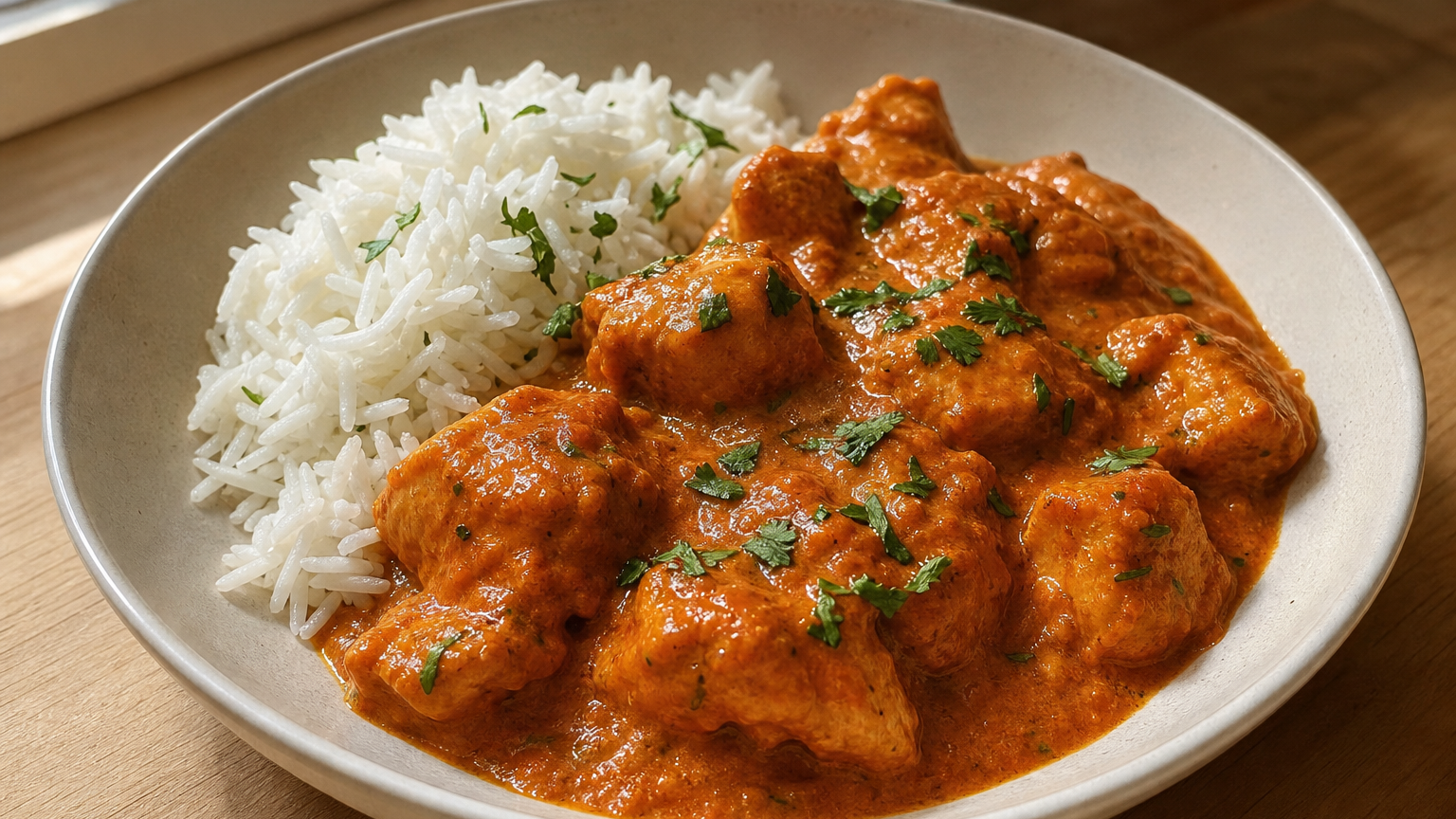 Chicken tikka masala cremoso con pollo dorado, salsa especiada de tomate, cilantro fresco y arroz basmati