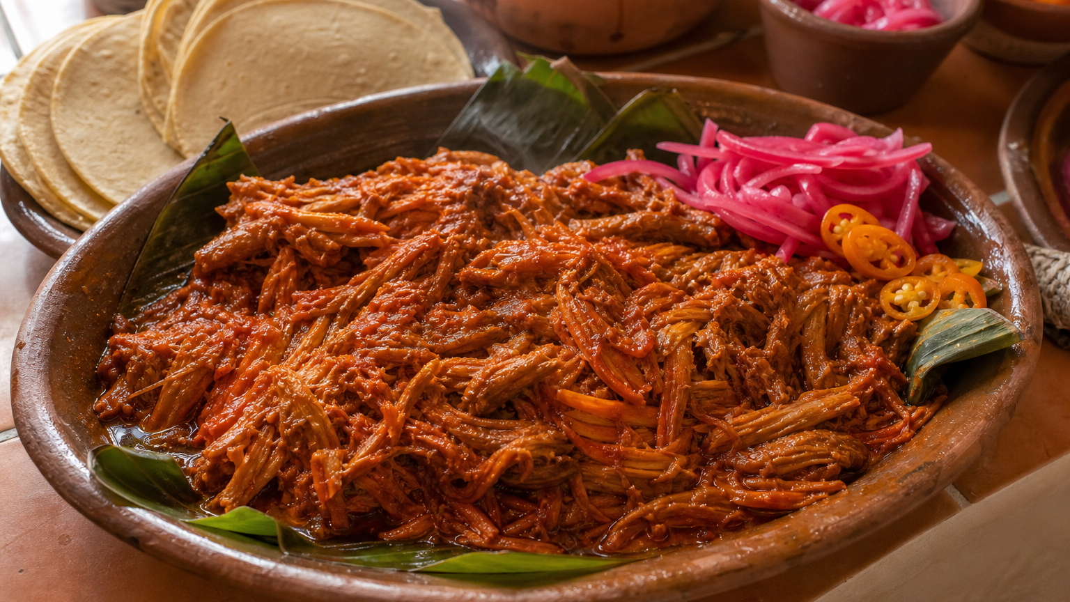 Tacos de cochinita pibil mexicana con carne de cerdo deshebrada, cebolla morada encurtida y tortillas de maíz