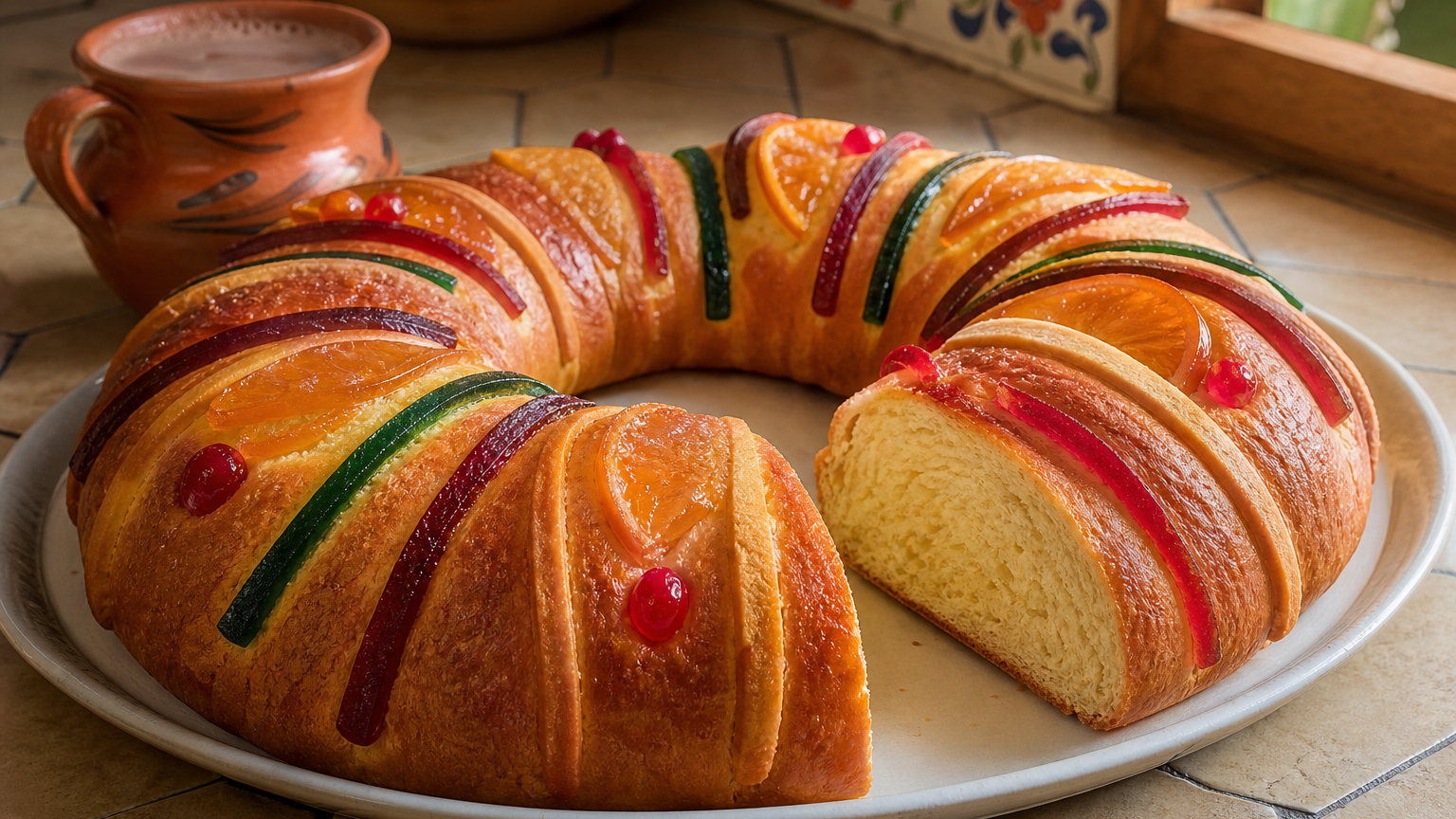 Rosca de Reyes mexicana dorada y decorada con ate, cerezas, naranja confitada y pasta dulce