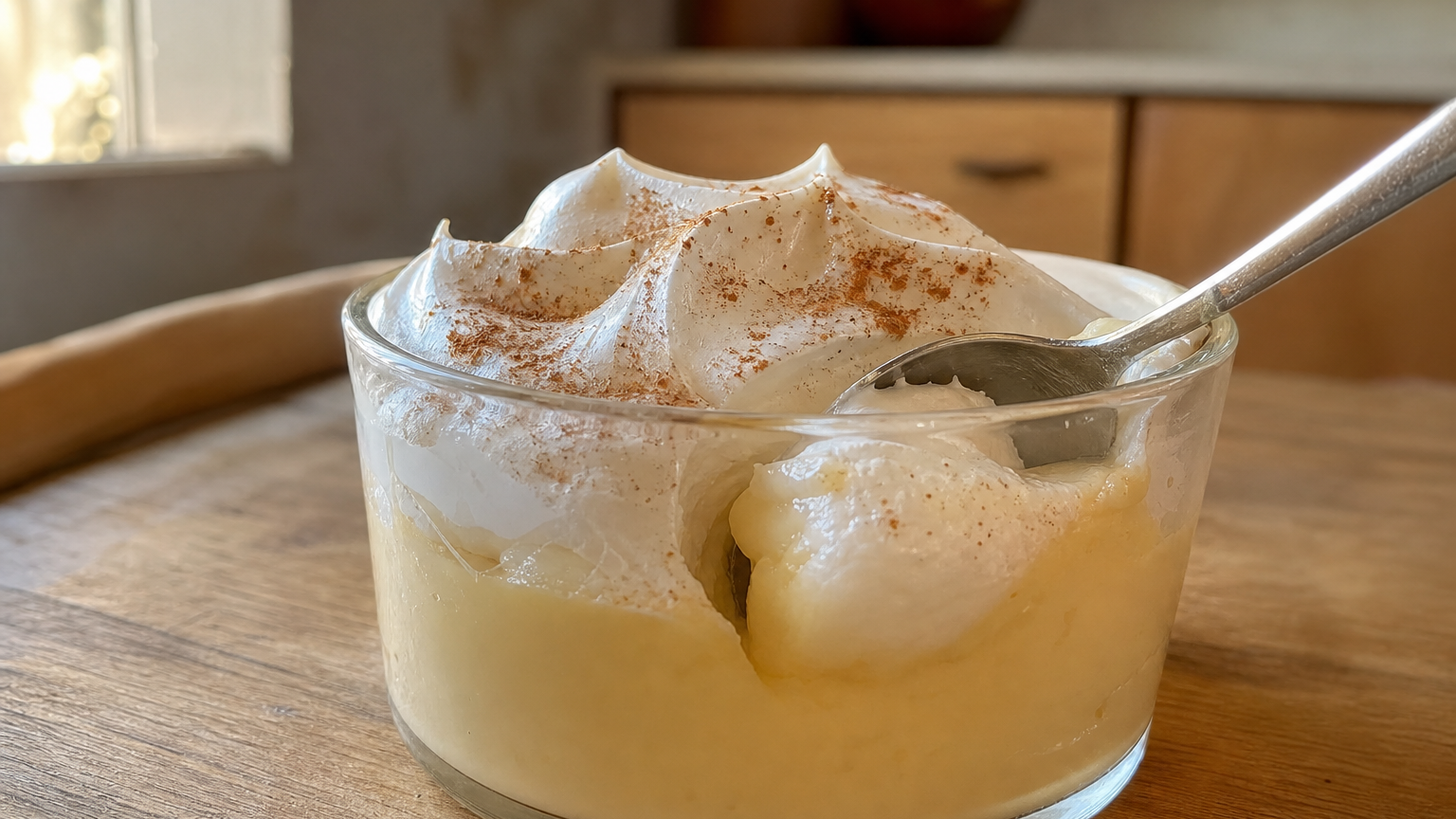 Suspiro a la limeña servido en una copa, con crema láctea, merengue italiano y canela molida