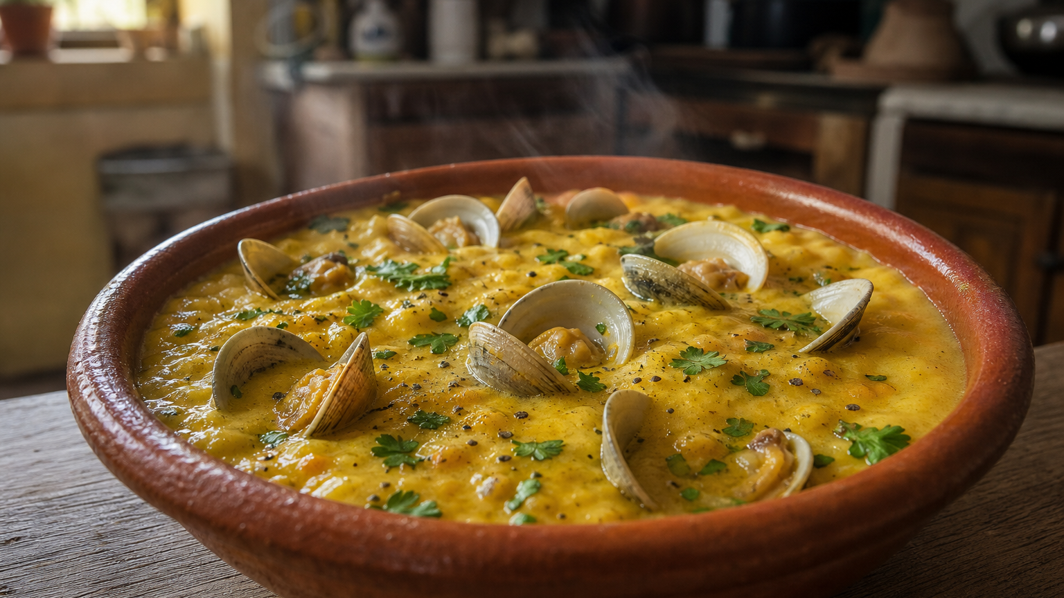 Xerém portugués cremoso con almejas, cilantro fresco y aceite de oliva servido en un cuenco