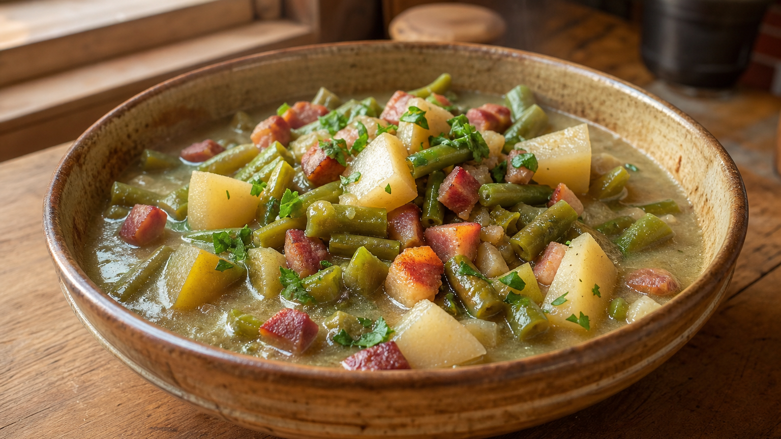 Guiso alemán Birnen Bohnen und Speck servido caliente con judías verdes, peras, patatas y panceta ahumada