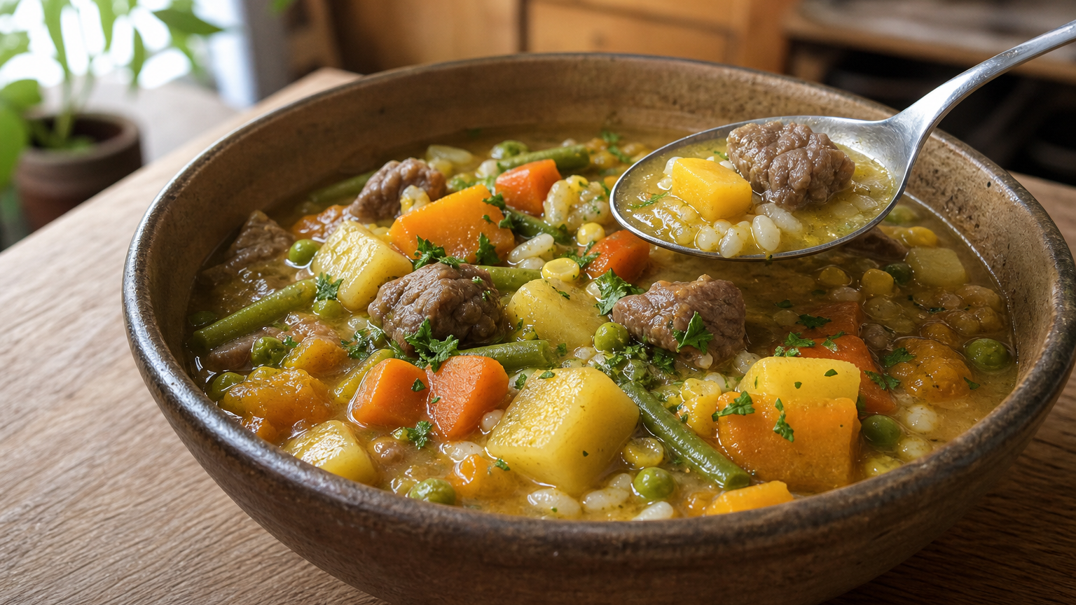 Carbonada chilena tradicional servida caliente en un plato hondo con carne de vacuno, papas, zapallo y verduras