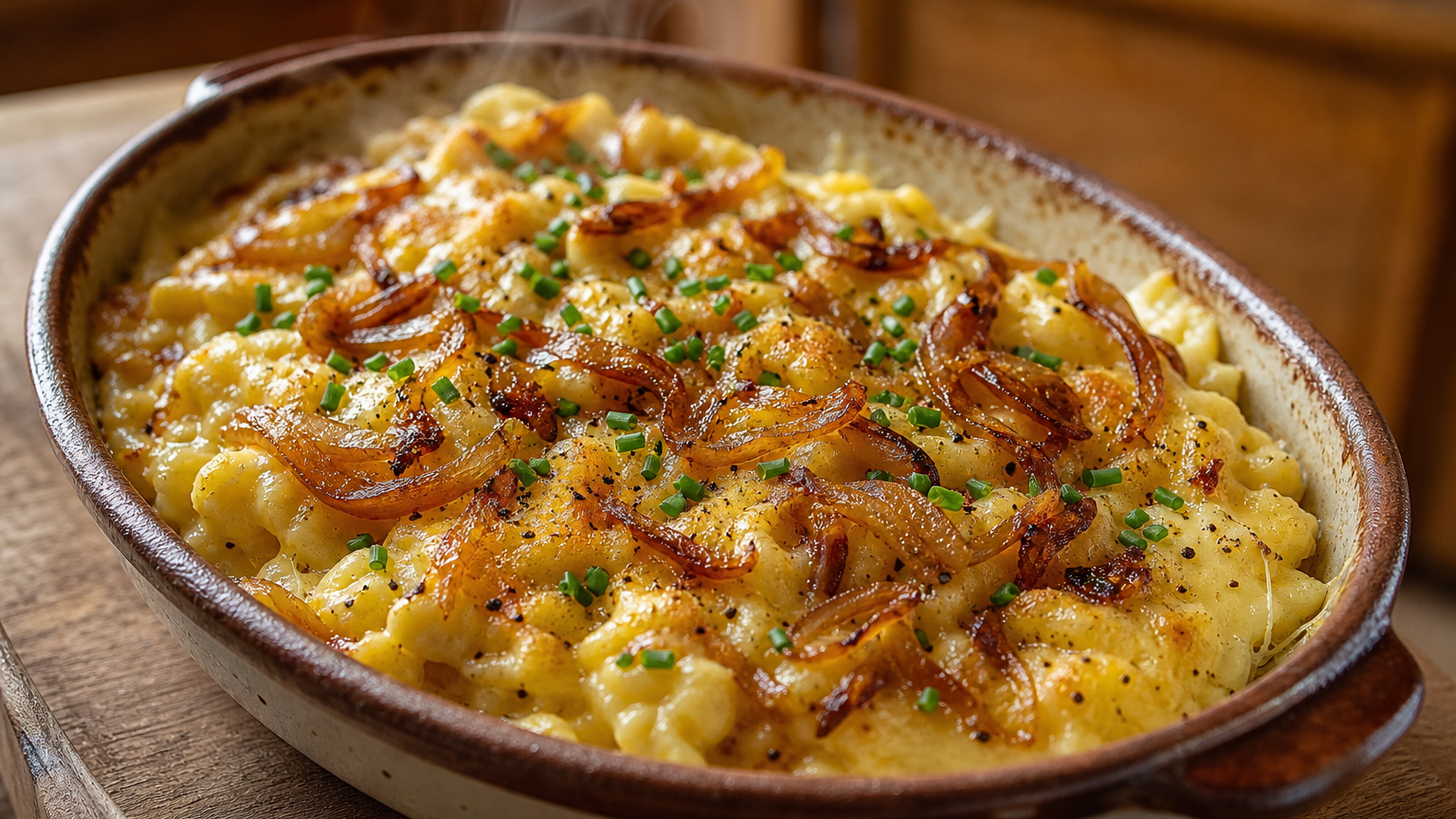 Kasnocken austriacos con queso de montaña fundido, cebolla dorada y cebollino fresco