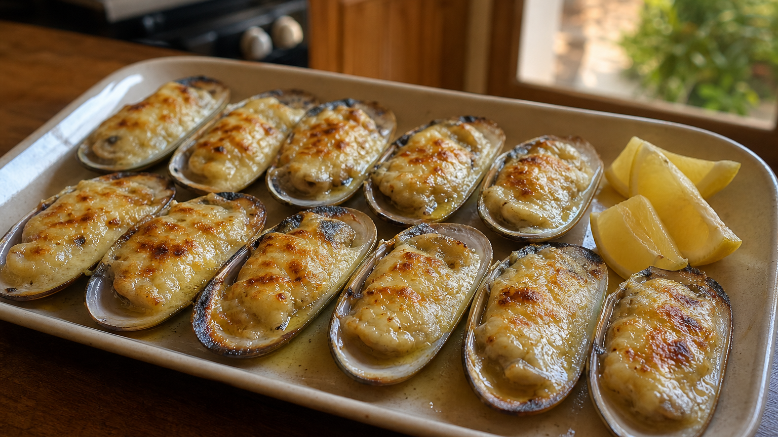 Machas a la parmesana chilenas gratinadas con queso dorado en sus conchas