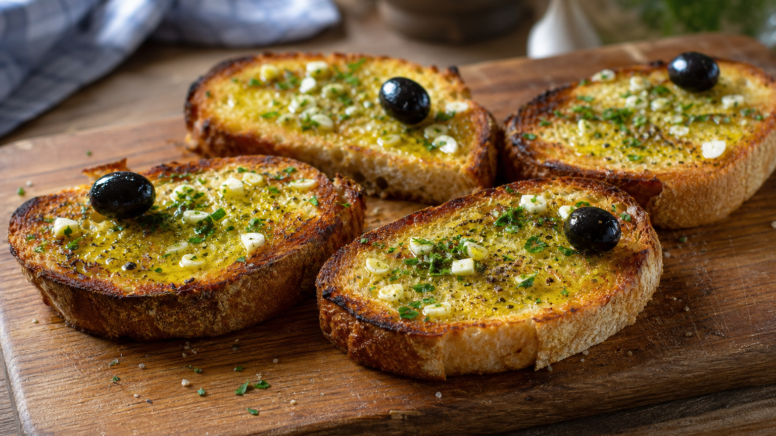 Tiborna portuguesa de pan rústico tostado con ajo, aceite de oliva, perejil y aceitunas negras