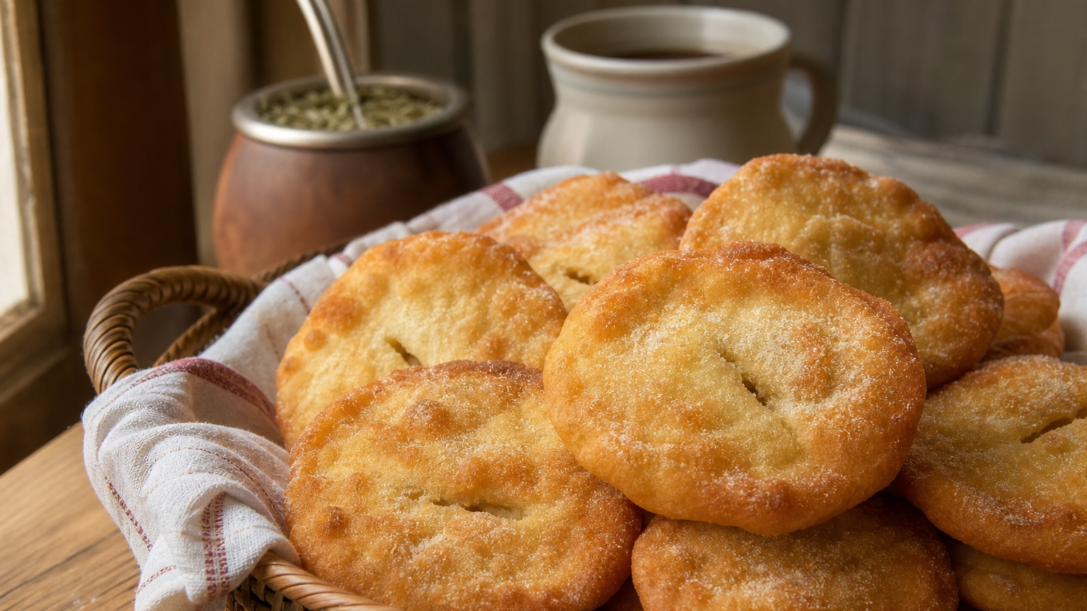 Tortas fritas uruguayas doradas y recién hechas, espolvoreadas con azúcar