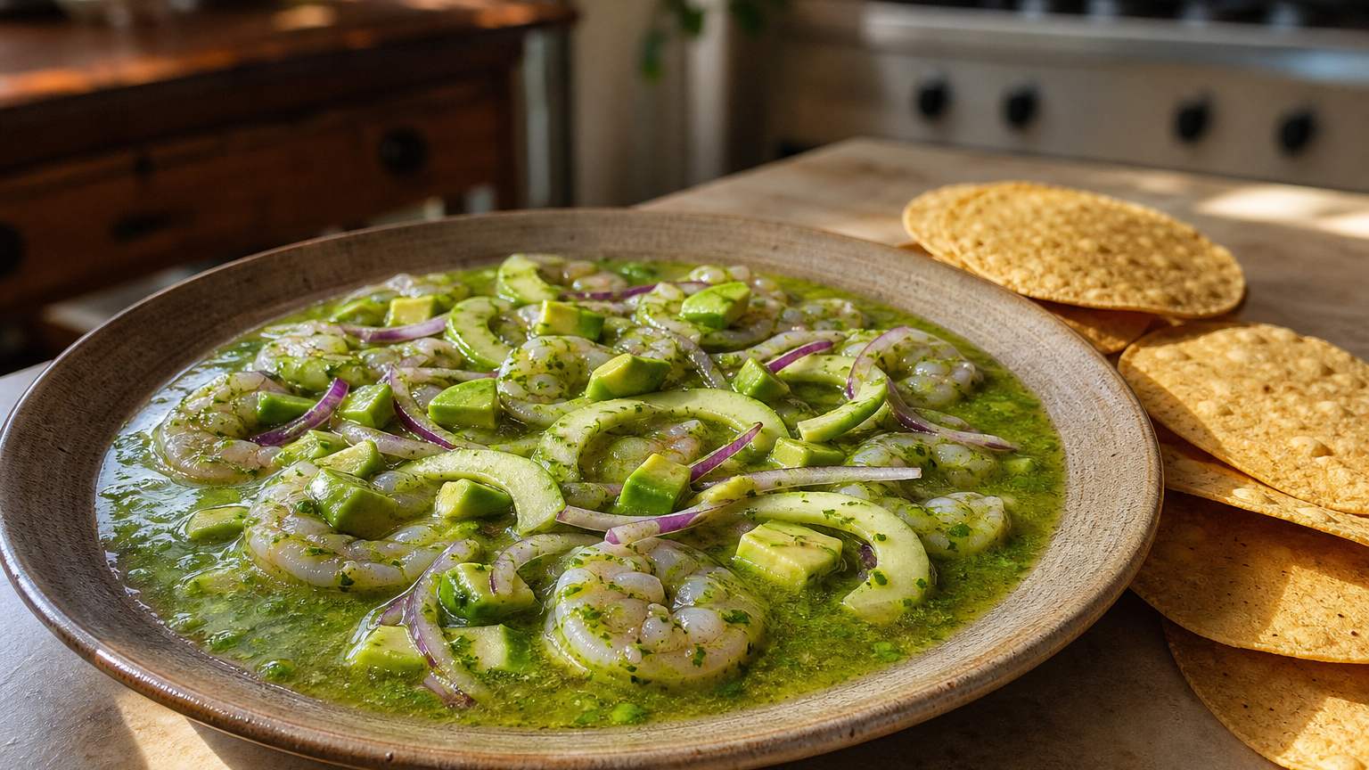 Aguachile de camarón mexicano con salsa verde de limón y chile serrano, pepino, cebolla morada, aguacate y tostadas de maíz
