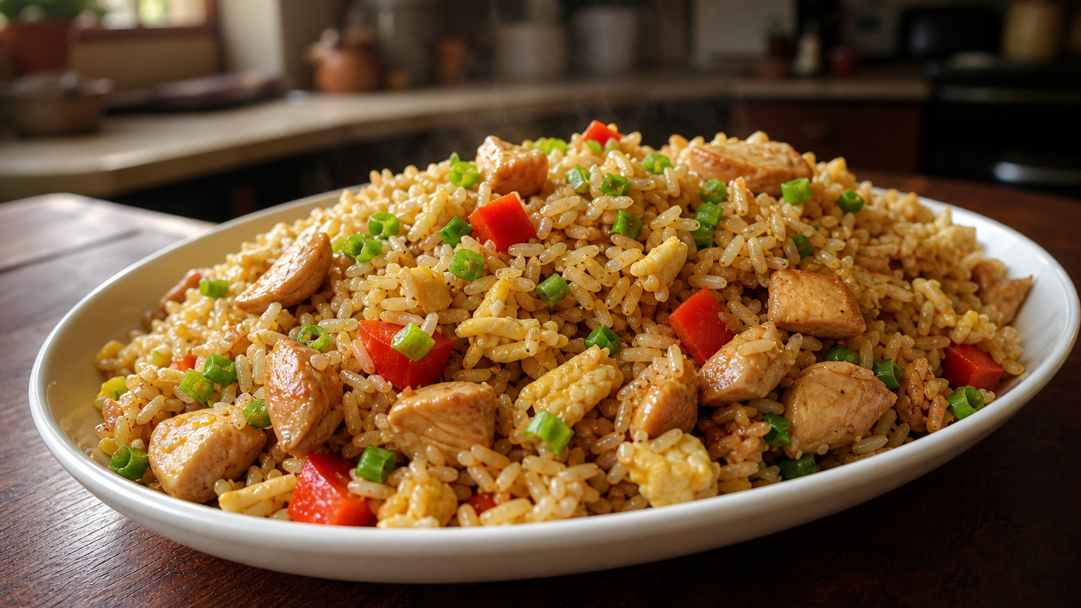 Arroz chaufa peruano casero con pollo dorado, huevo, cebollín y pimiento servido caliente