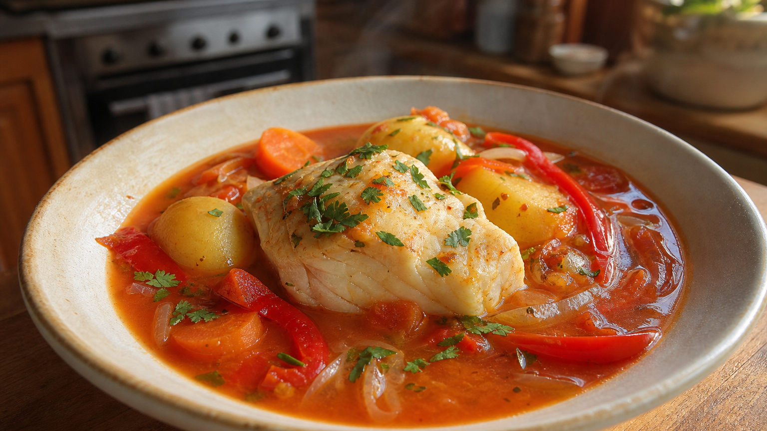 Caldillo de congrio chileno servido caliente con papas, verduras, cilantro y caldo rojizo