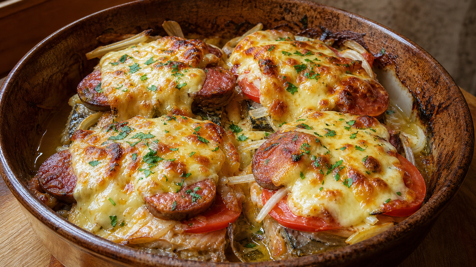 Cancato de salmón chilote al horno con tomate, cebolla, longaniza y queso gratinado