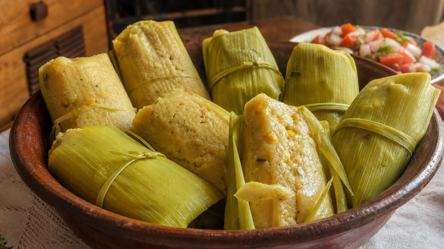 Humitas chilenas caseras envueltas en hojas de choclo y servidas calientes