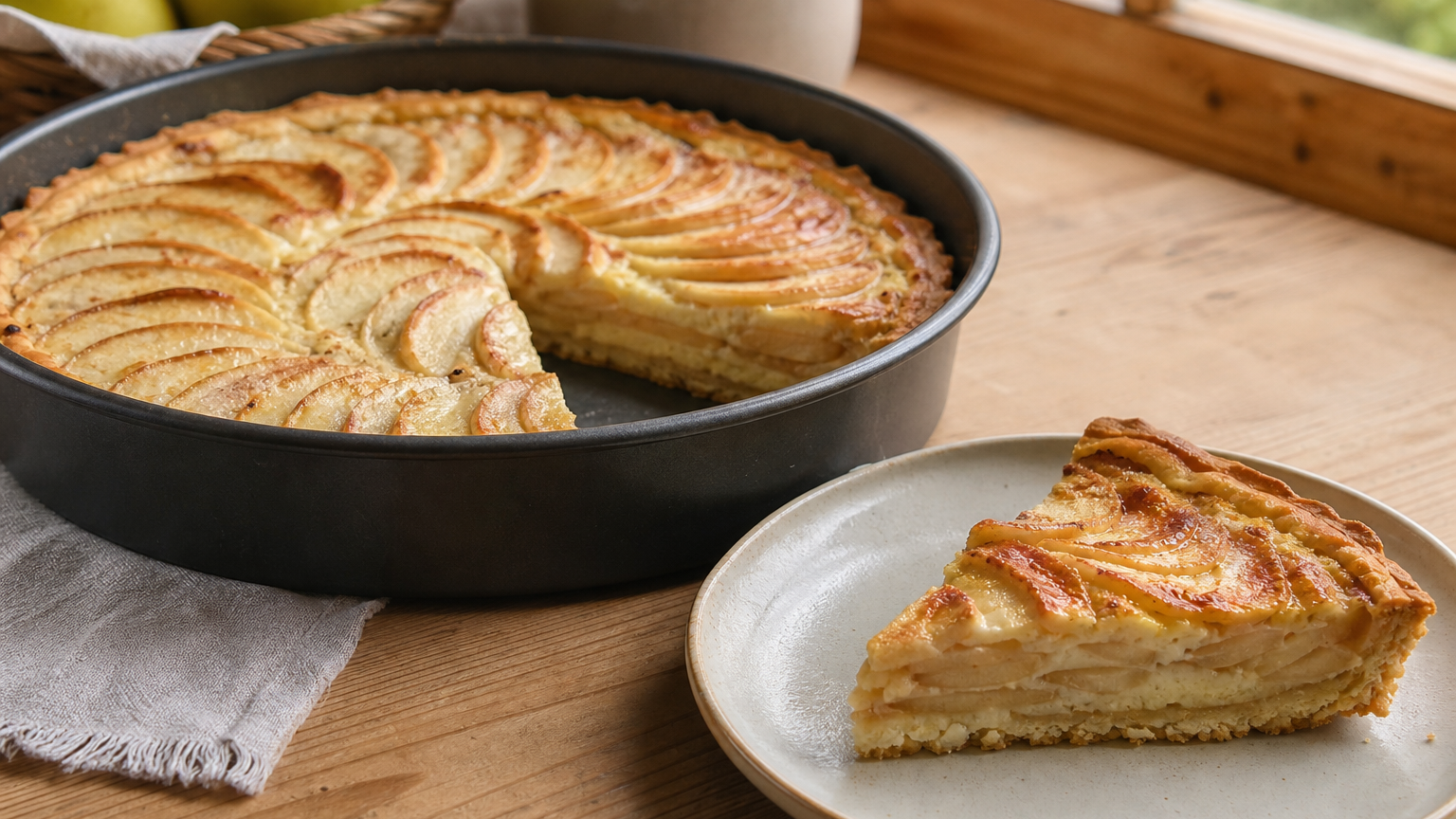 Kuchen de manzana chileno casero, con manzanas, canela y cobertura cremosa dorada