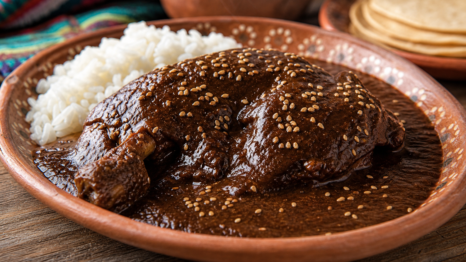 Pollo tierno bañado con mole poblano oscuro y aromático, terminado con ajonjolí tostado y acompañado de tortillas calientes