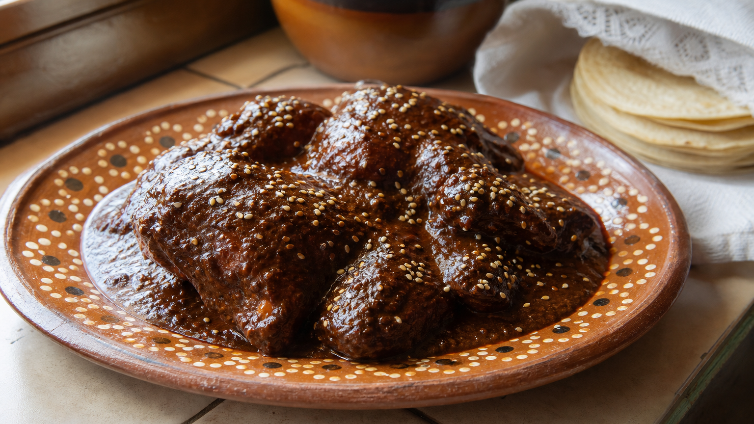Pollo tierno cubierto con mole poblano mexicano espeso y brillante, terminado con ajonjolí tostado