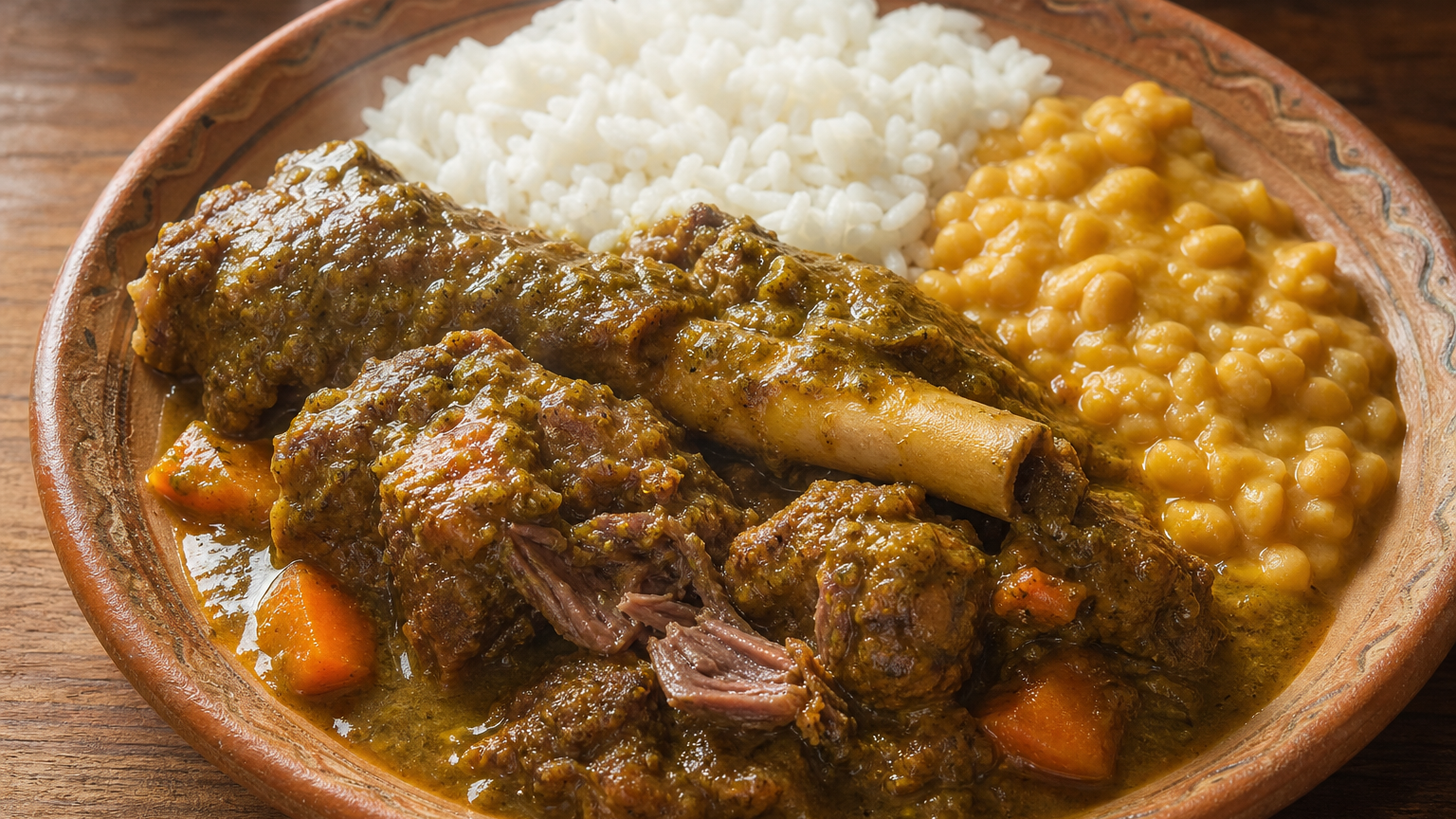 Seco de cabrito peruano tierno con salsa de cilantro, arroz blanco y frejoles canarios