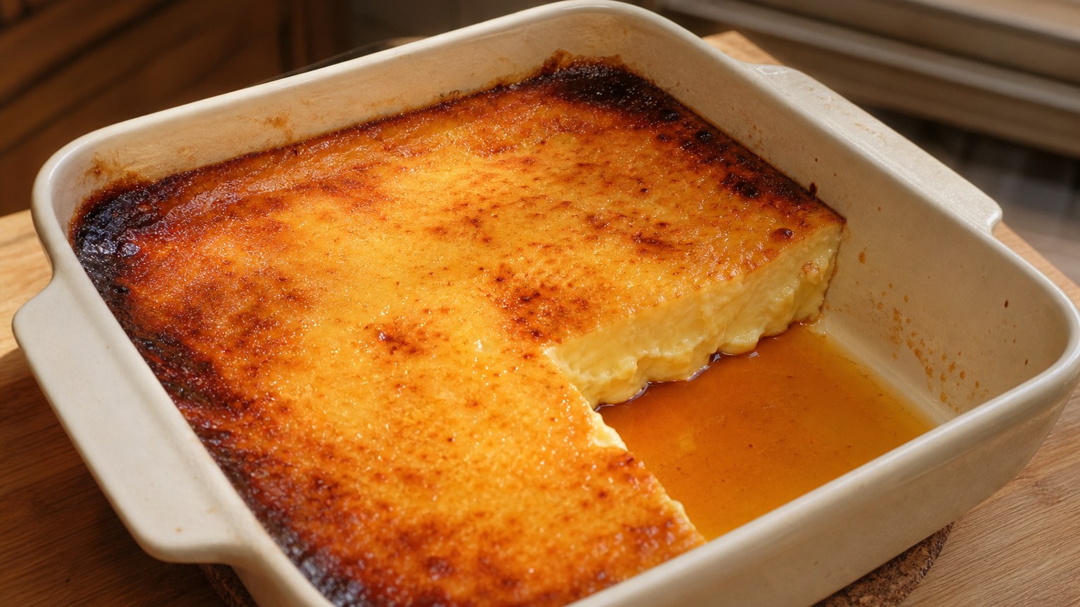 Leche asada chilena casera servida en una fuente, con superficie dorada y tostada y caramelo en el fondo