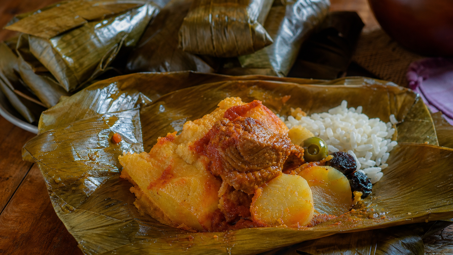 Nacatamales nicaragüenses envueltos en hojas de plátano, rellenos de cerdo, arroz, papa y frutas secas