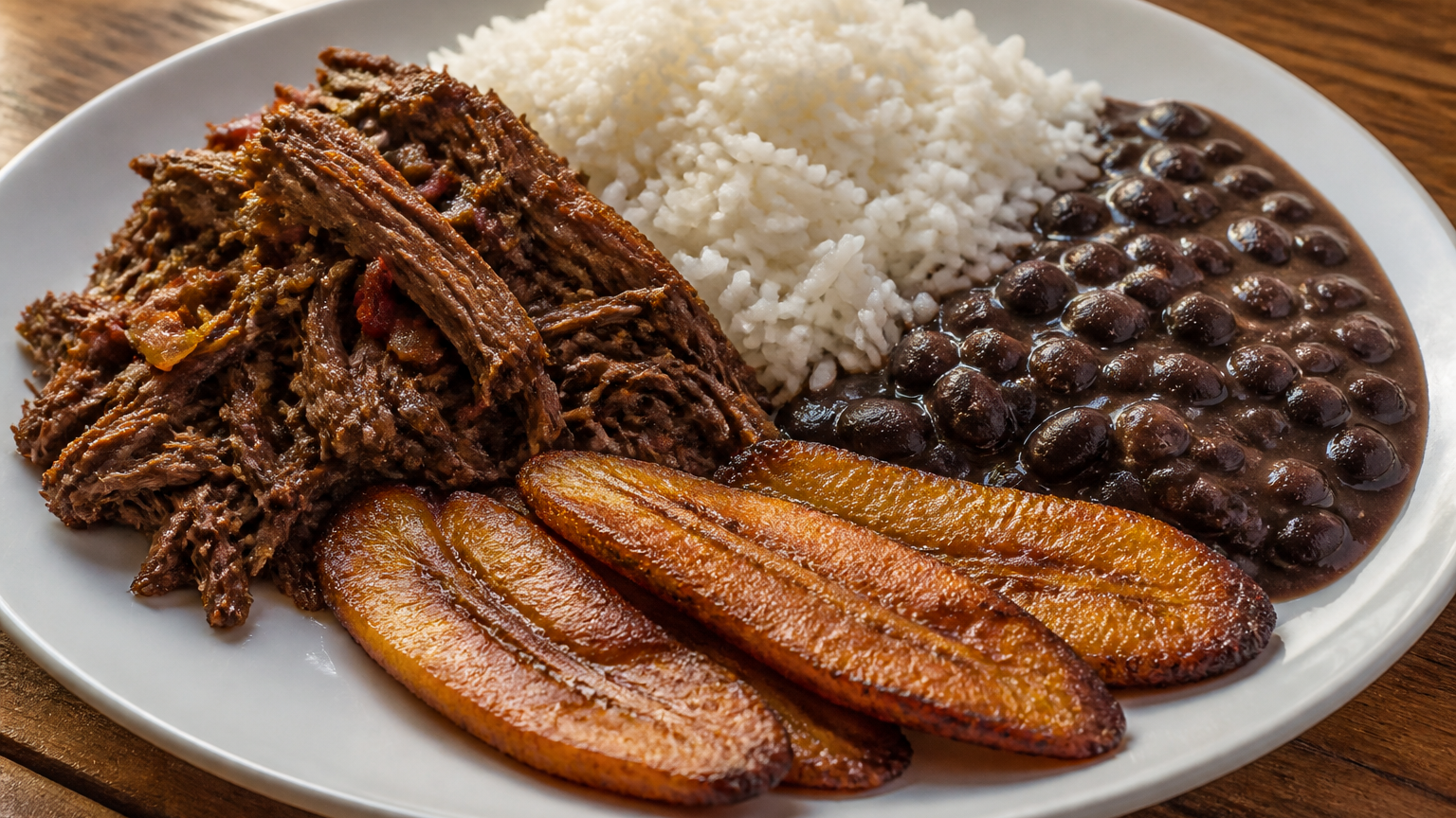 Pabellón Criollo Venezolano servido con carne de res desmechada, caraotas negras, arroz blanco y tajadas de plátano maduro