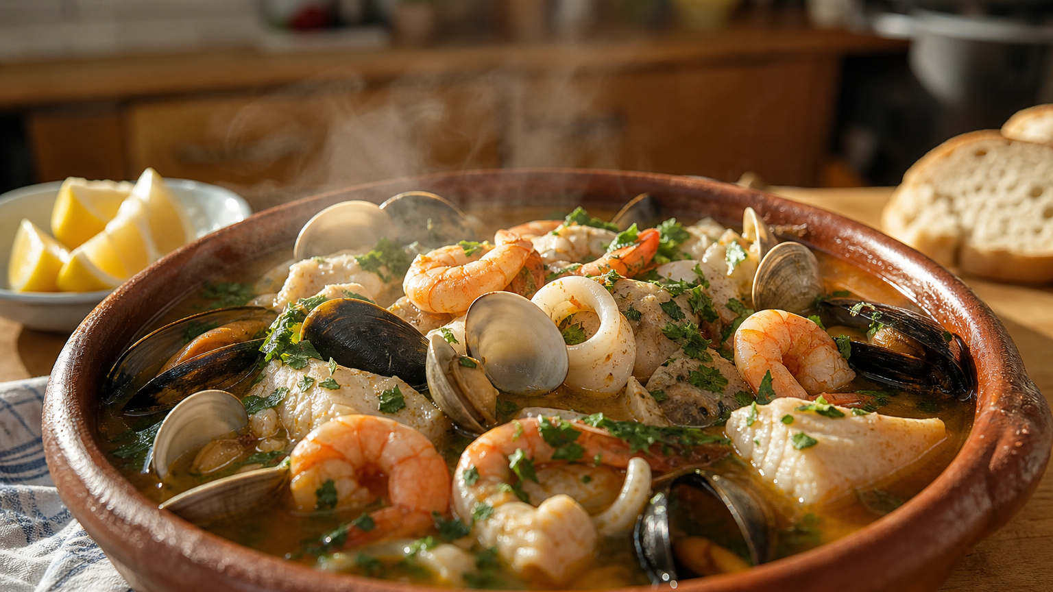 Paila marina chilena servida caliente con pescado, camarones, choritos, almejas, calamar, cilantro y limón