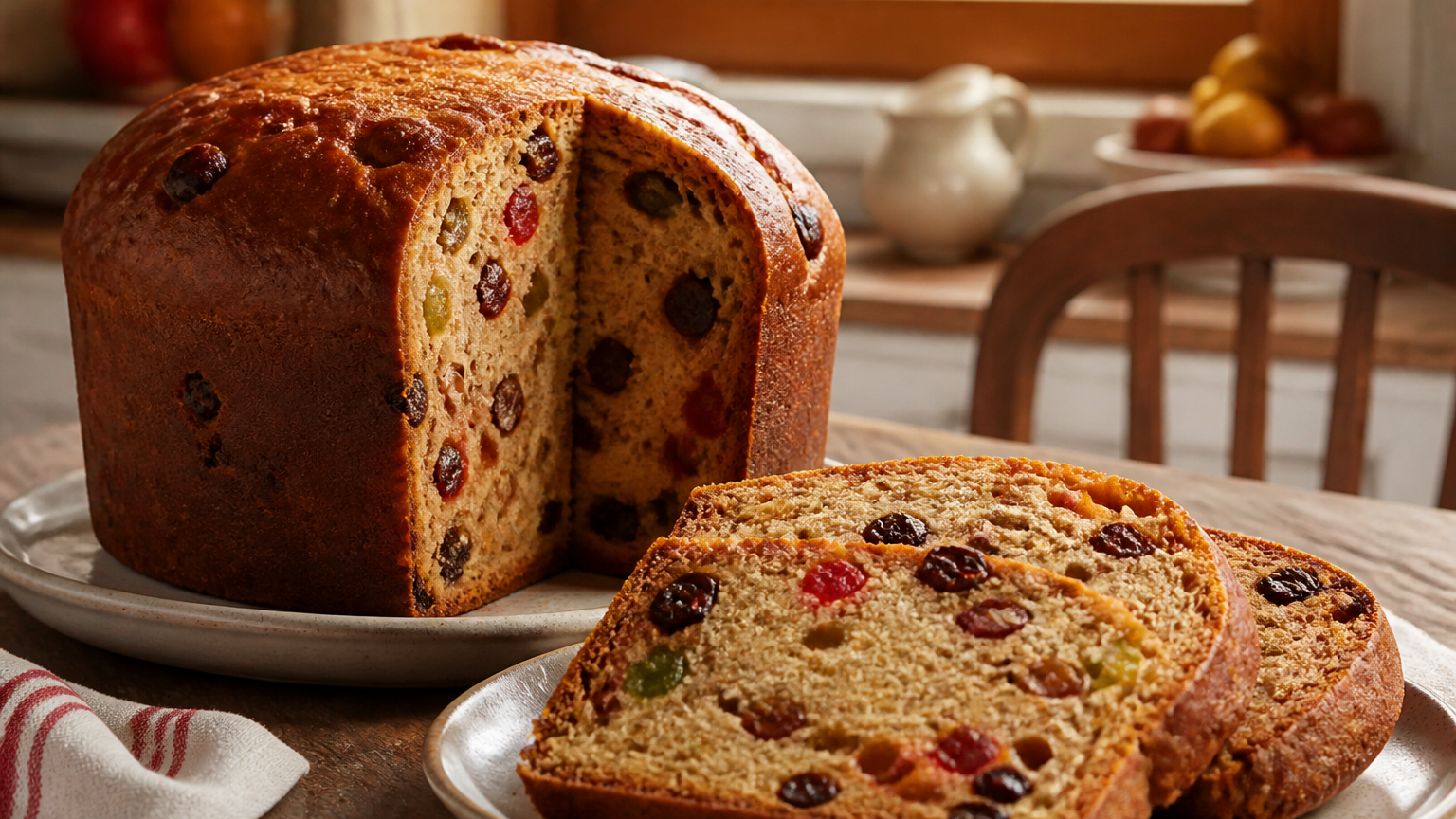 Pan de Pascua chileno casero, húmedo y especiado, cortado en rebanadas con pasas, frutas confitadas y nueces