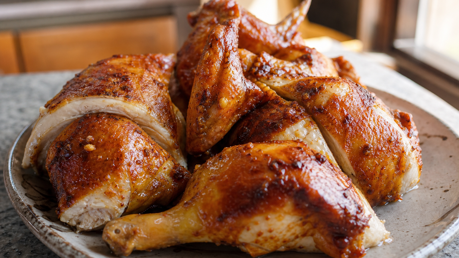 Pollo a la brasa peruano con piel dorada y especiada, servido con papas fritas y ensalada