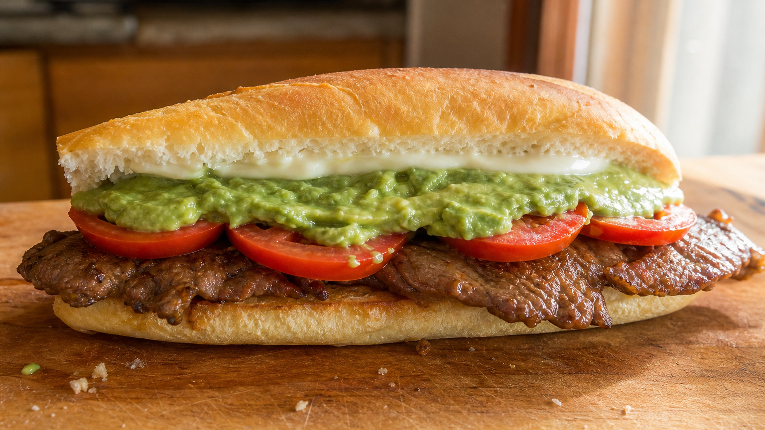 Churrasco italiano chileno con filete de vacuno, tomate, palta, mayonesa y pan tostado