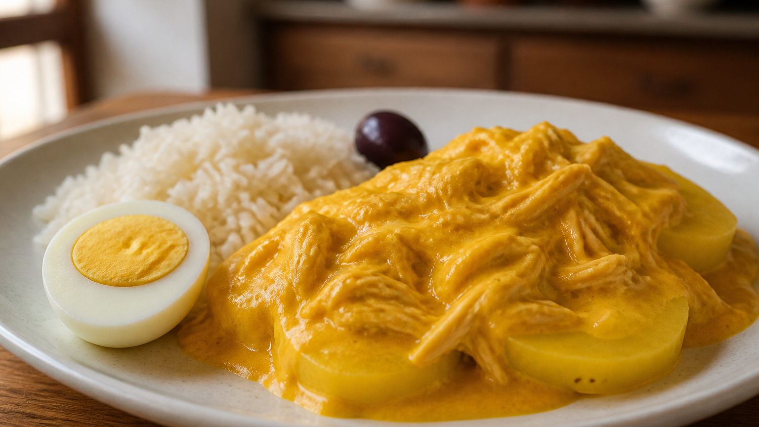 Ají de gallina peruano cremoso servido con arroz blanco, papas cocidas, huevo duro y aceitunas negras