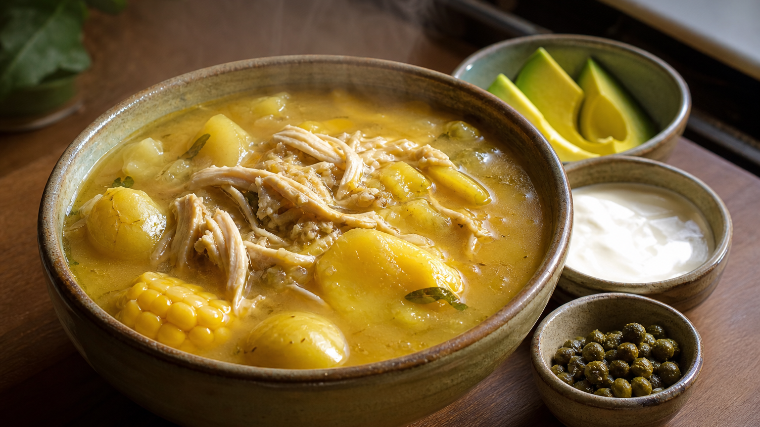 Ajiaco santafereño colombiano servido caliente con pollo, papas, mazorca, crema, alcaparras y aguacate